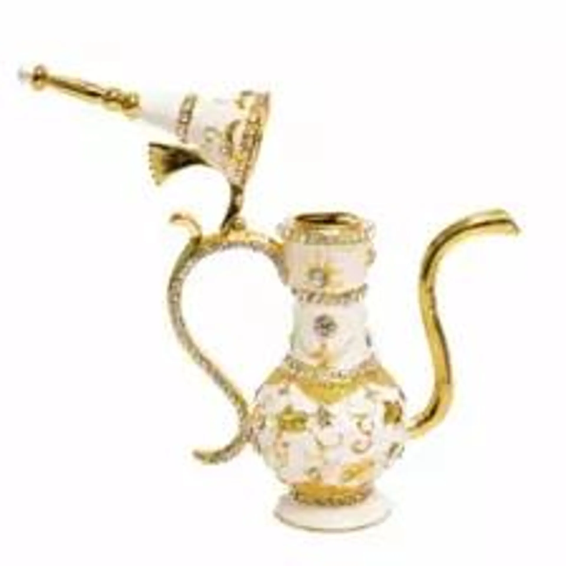 Dubai Souvenir Dallah Pot with Crystals, Cream Enamel, Arabian Traditional Design