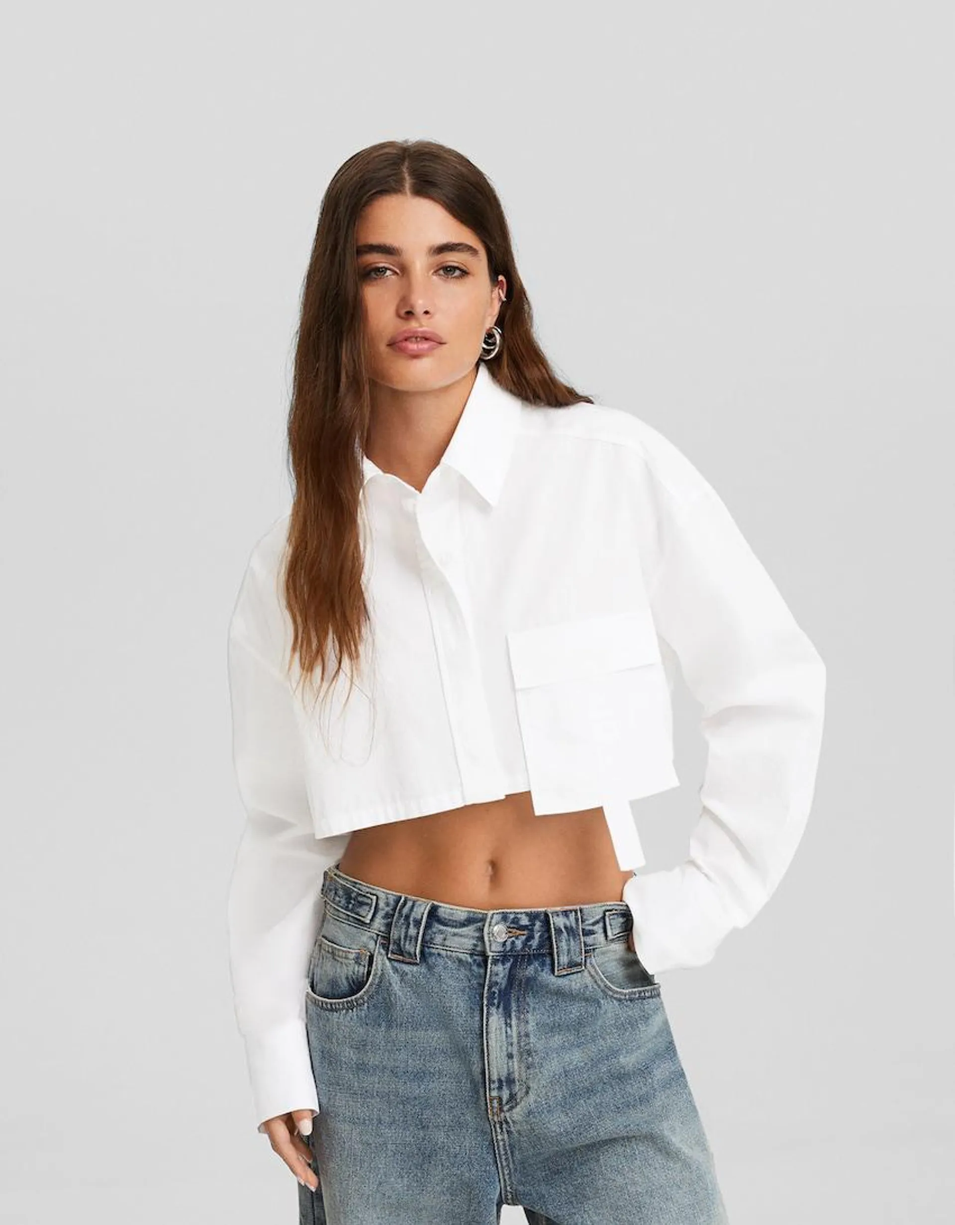 Long sleeve cropped poplin shirt with straps