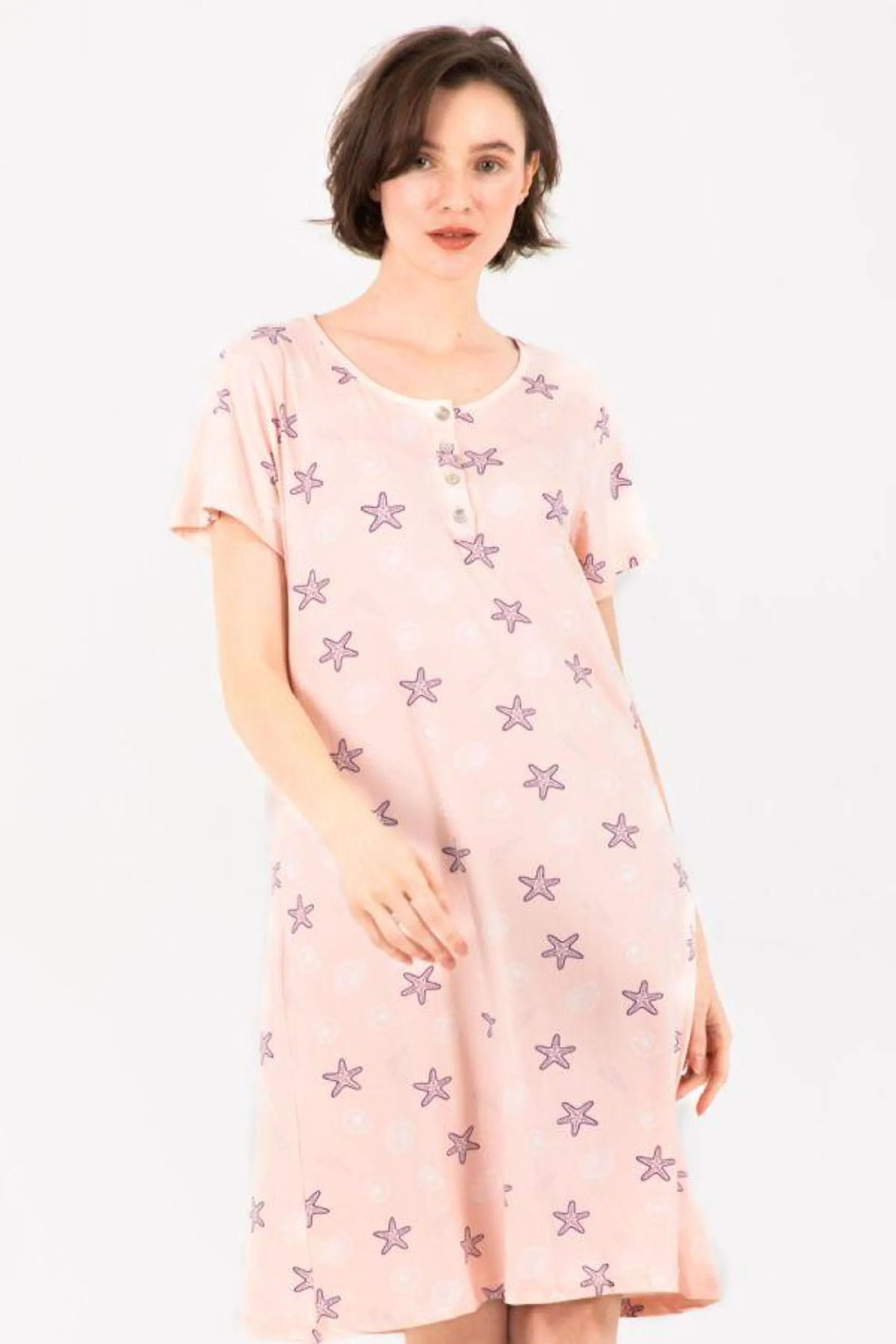 Ladies Peach Shell Printed Nightdress