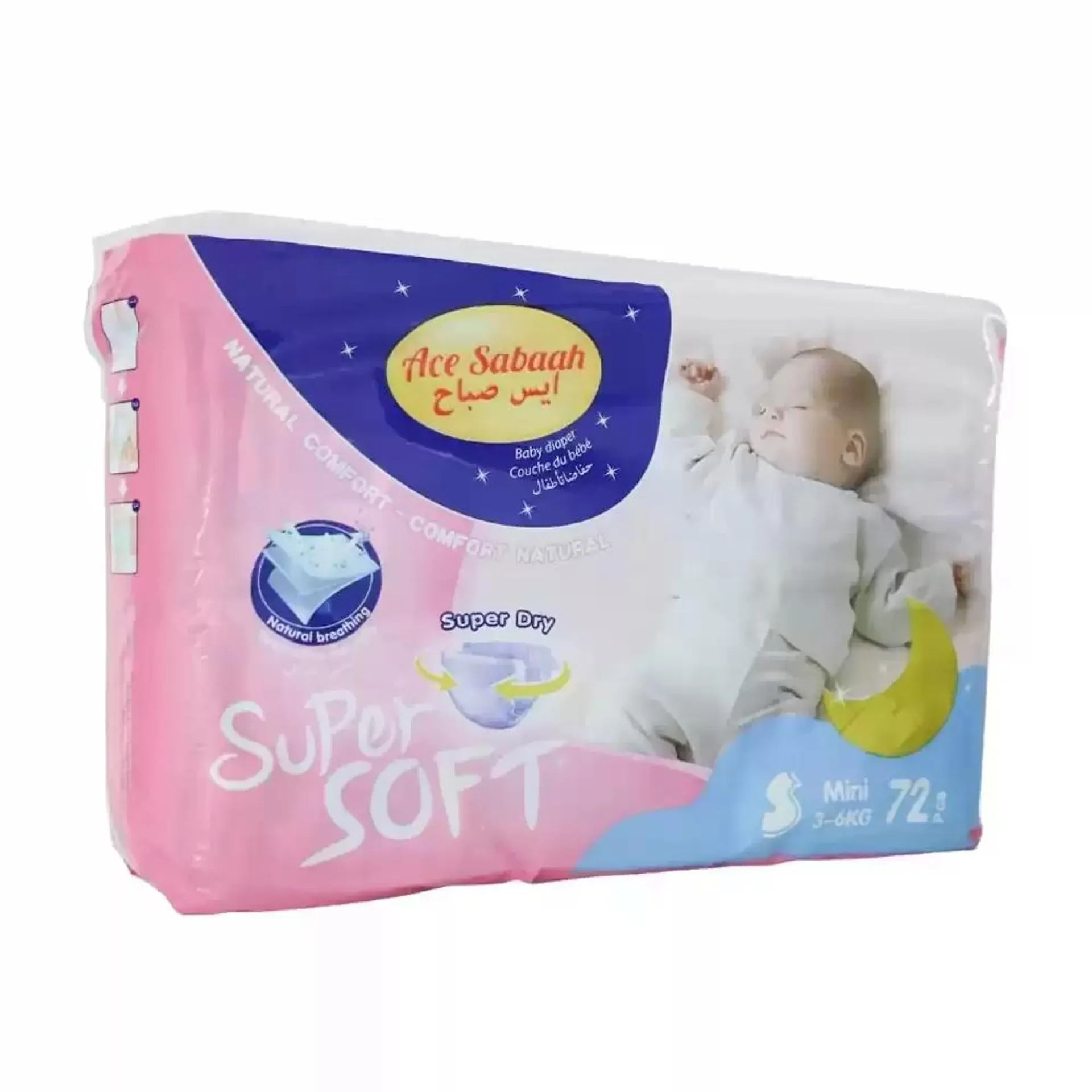 Ace Sabaah Natural Comfort And Breathing Super Dry Mini Baby Diaper Size Small, 3-6kg- 72pcs