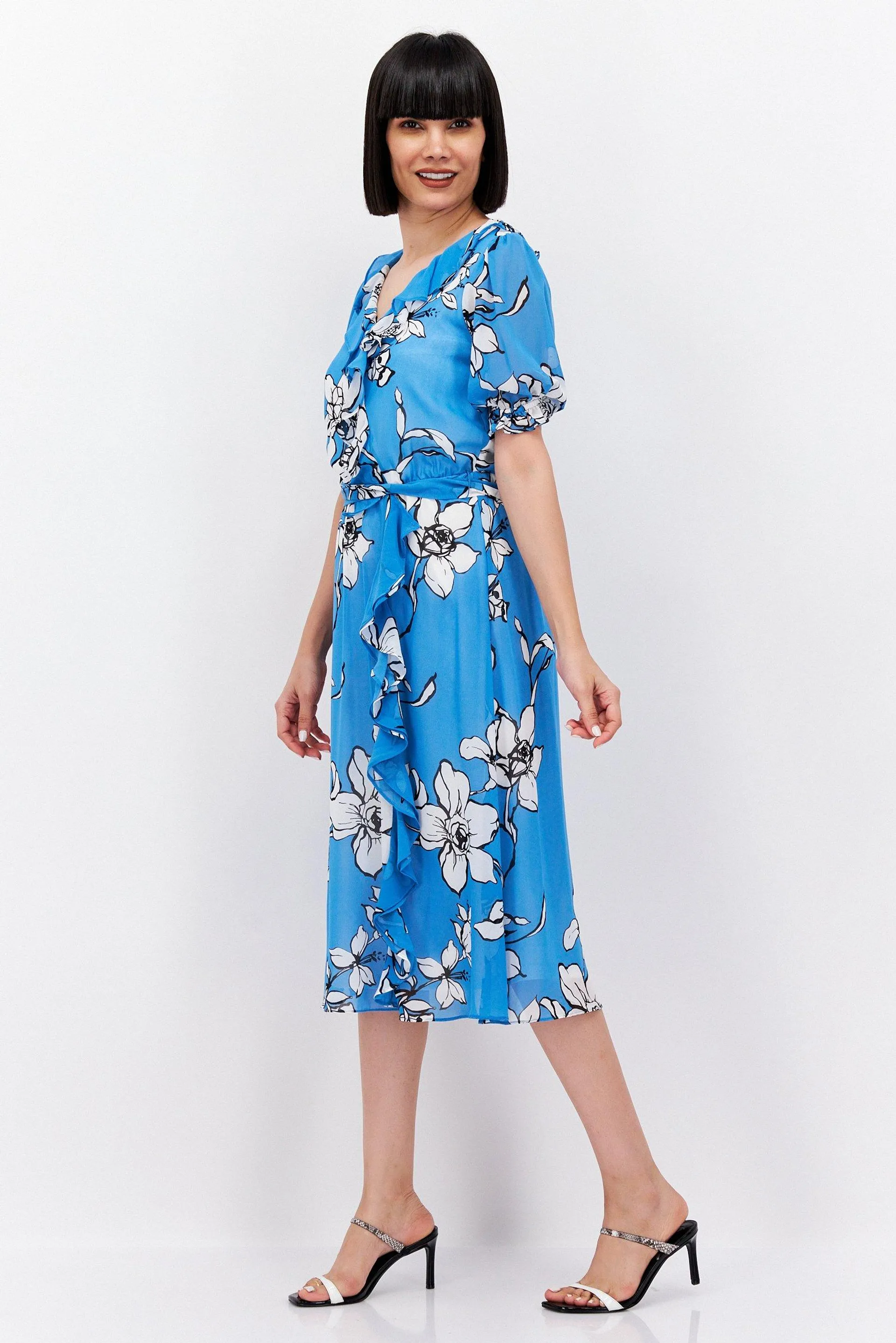 Women Floral Print Wrap Dress, Blue Combo