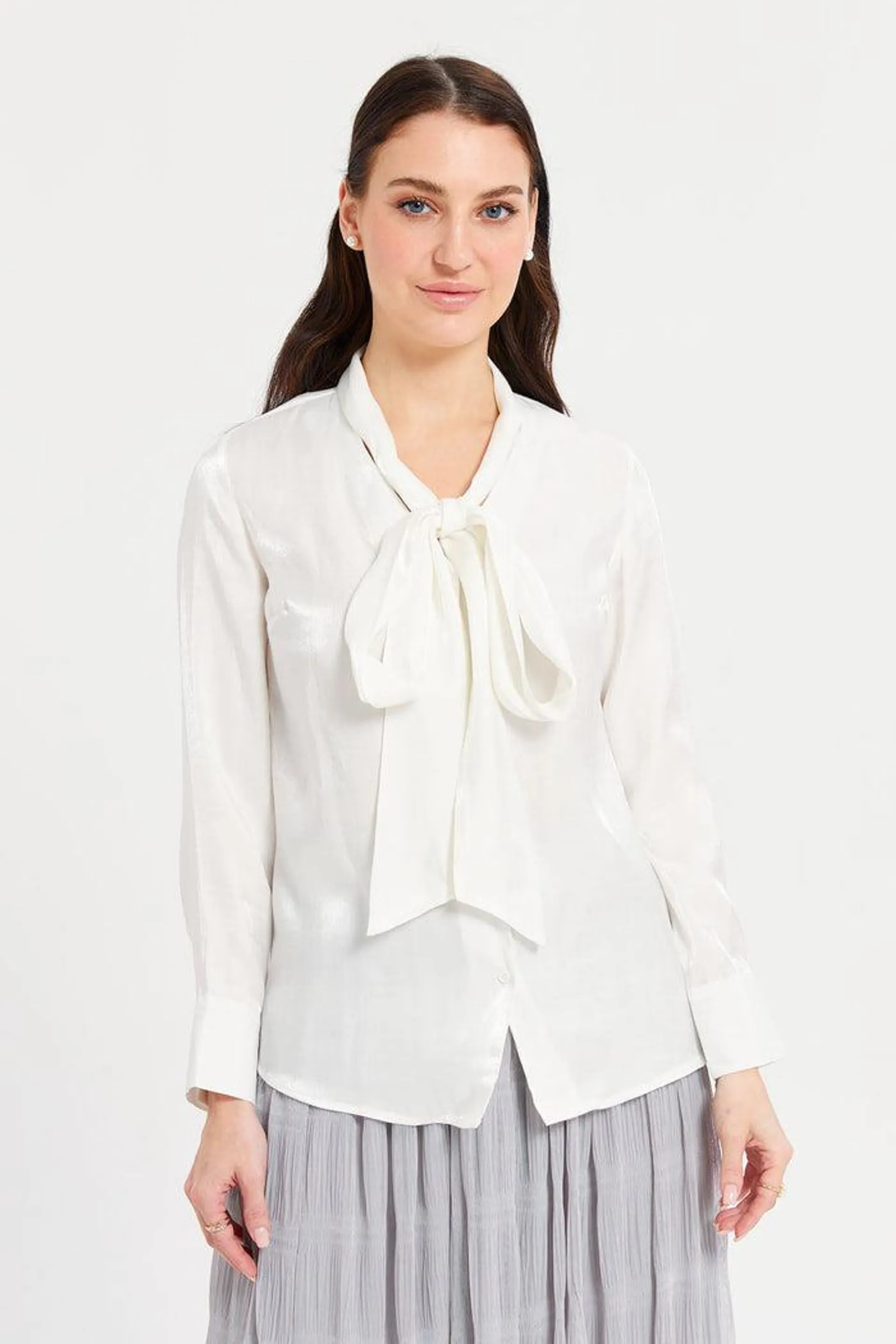 Women Ivory Tie Up Detailed Ivory Satin Blouse