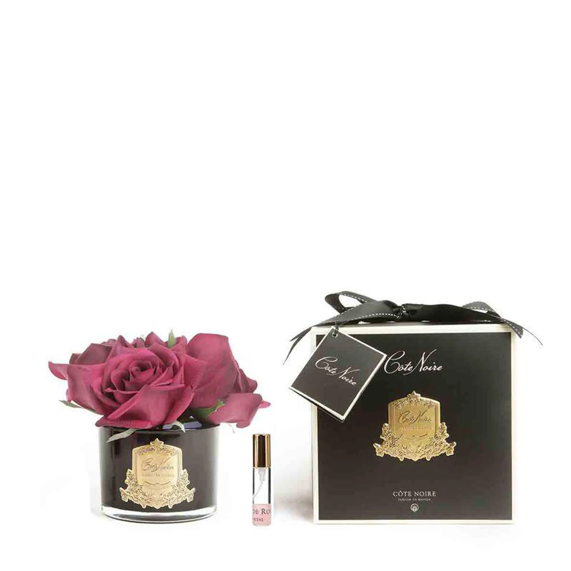 Home Diffuser Five Rose Carmine Red in Black Glass with Gold Badge
