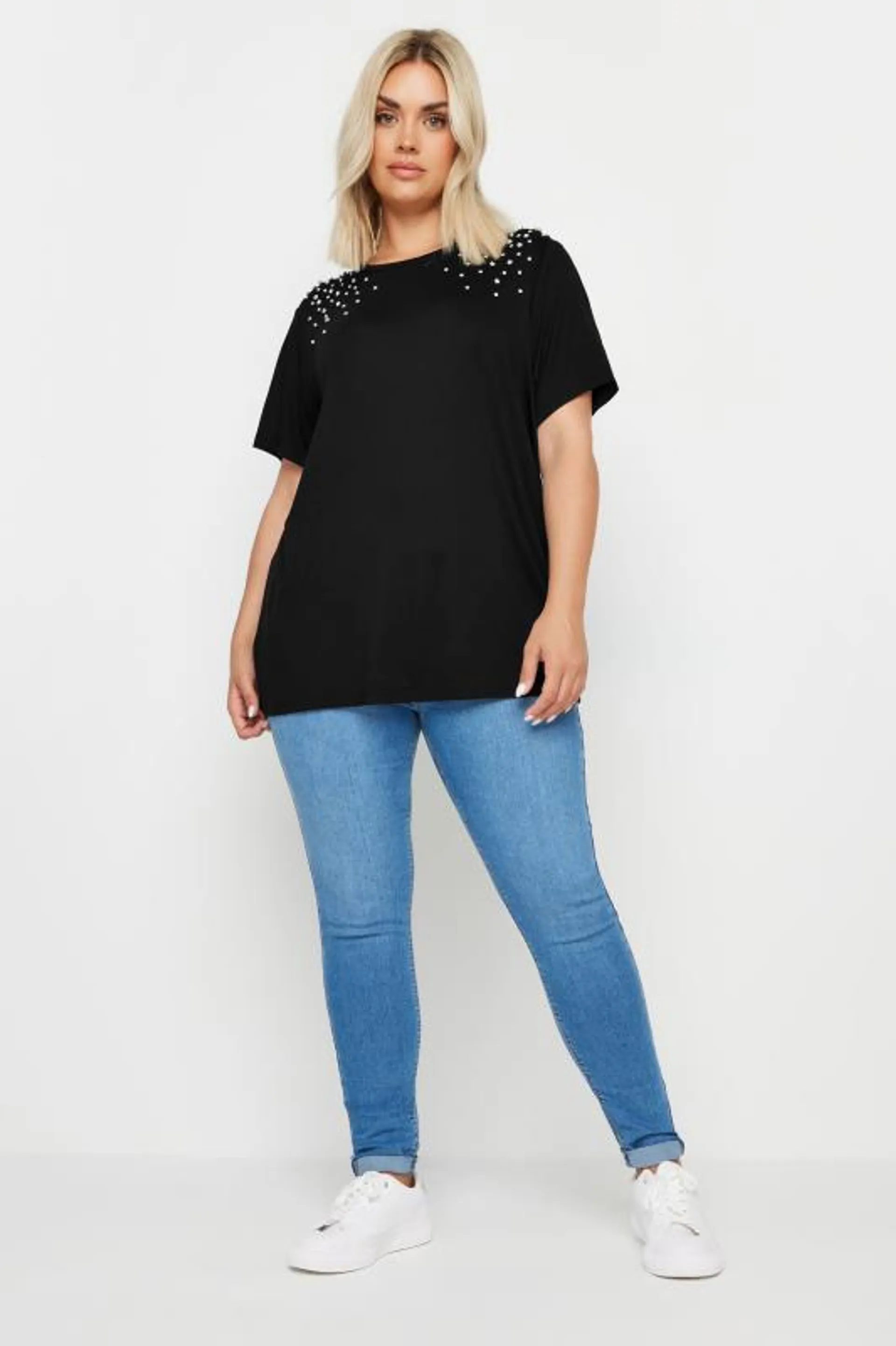 YOURS Curve Black Diamante Stud T-Shirt