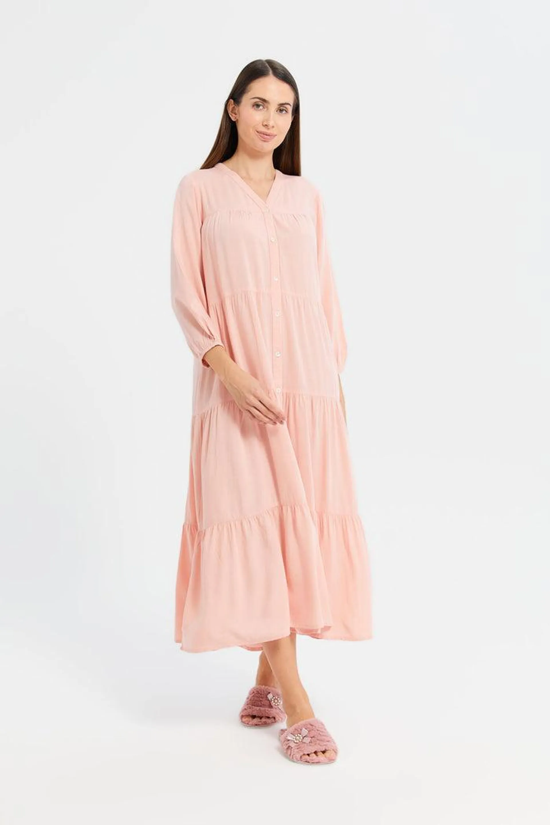 Women Pink Solid Tier Nightgown