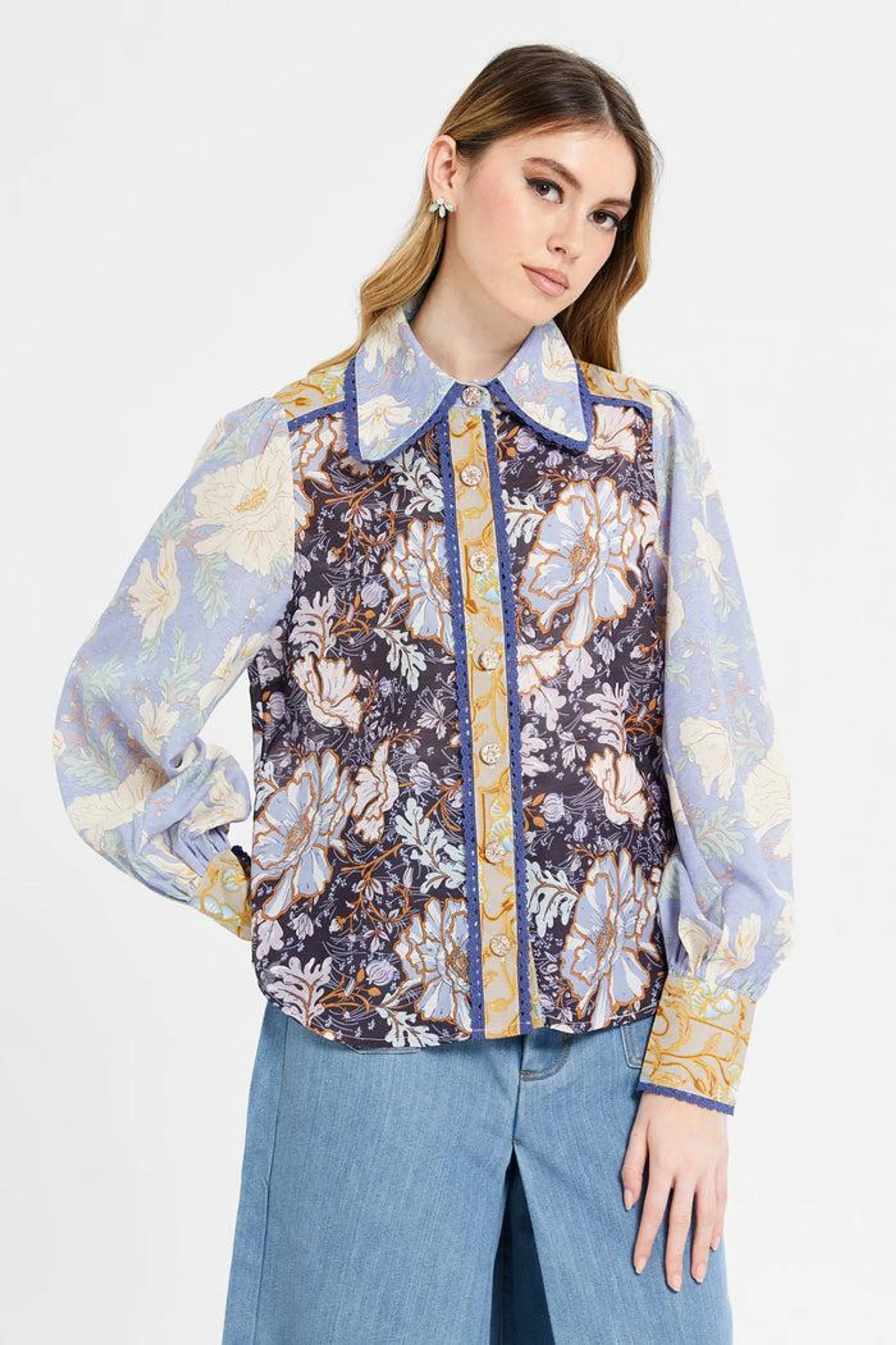 Women Blue Printed Collared Blouse