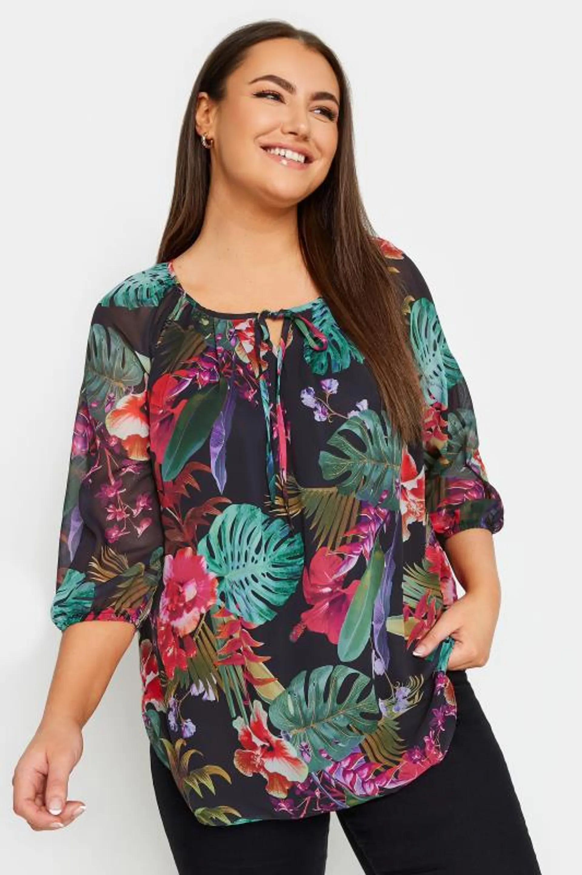 YOURS Curve Black Tropical Print Tie Neck Blouse