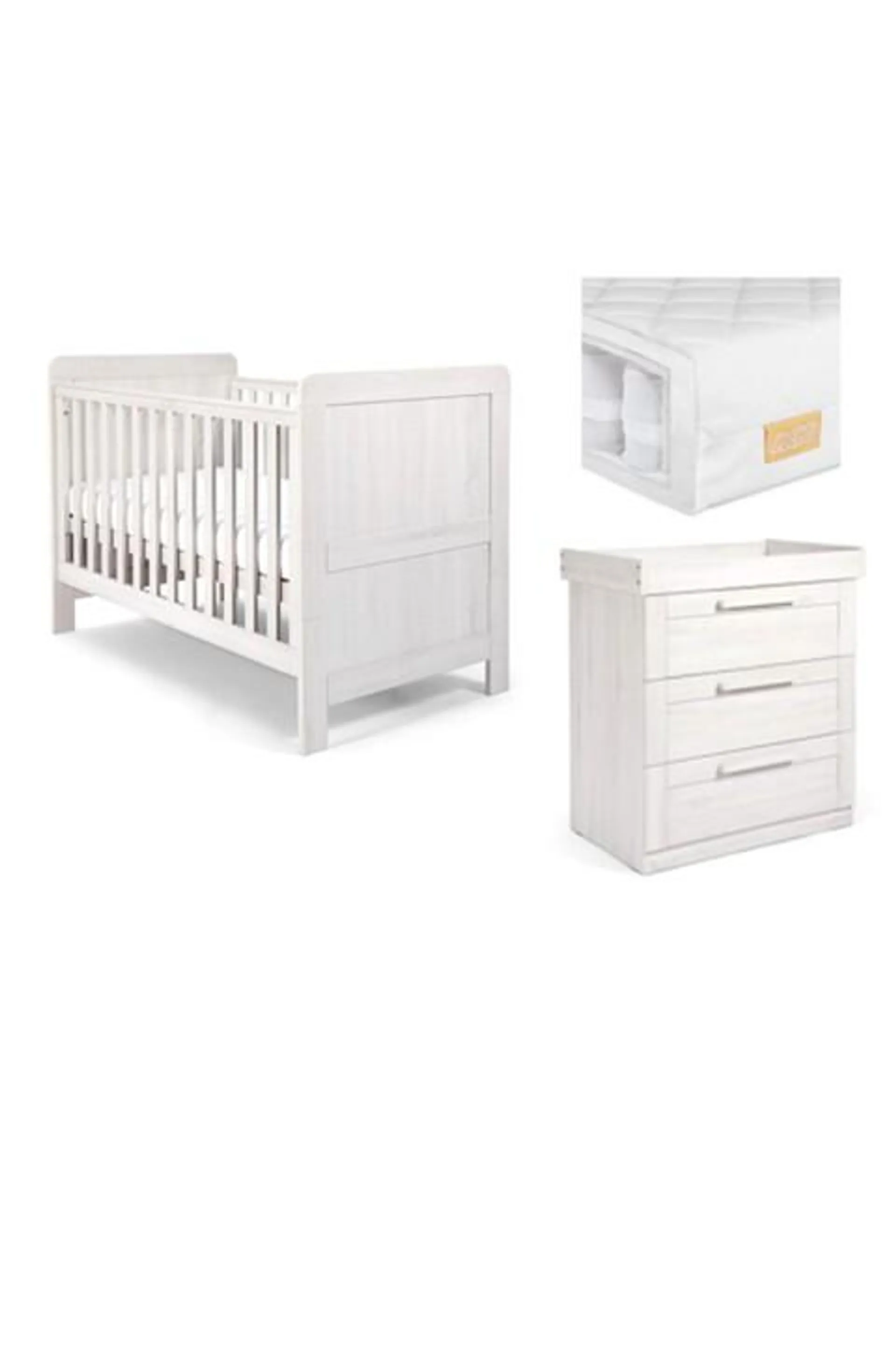 Atlas 3 Piece Cot, Dresser Changer, Wardrobe, and Essential Pocket Spring Mattress Set - White