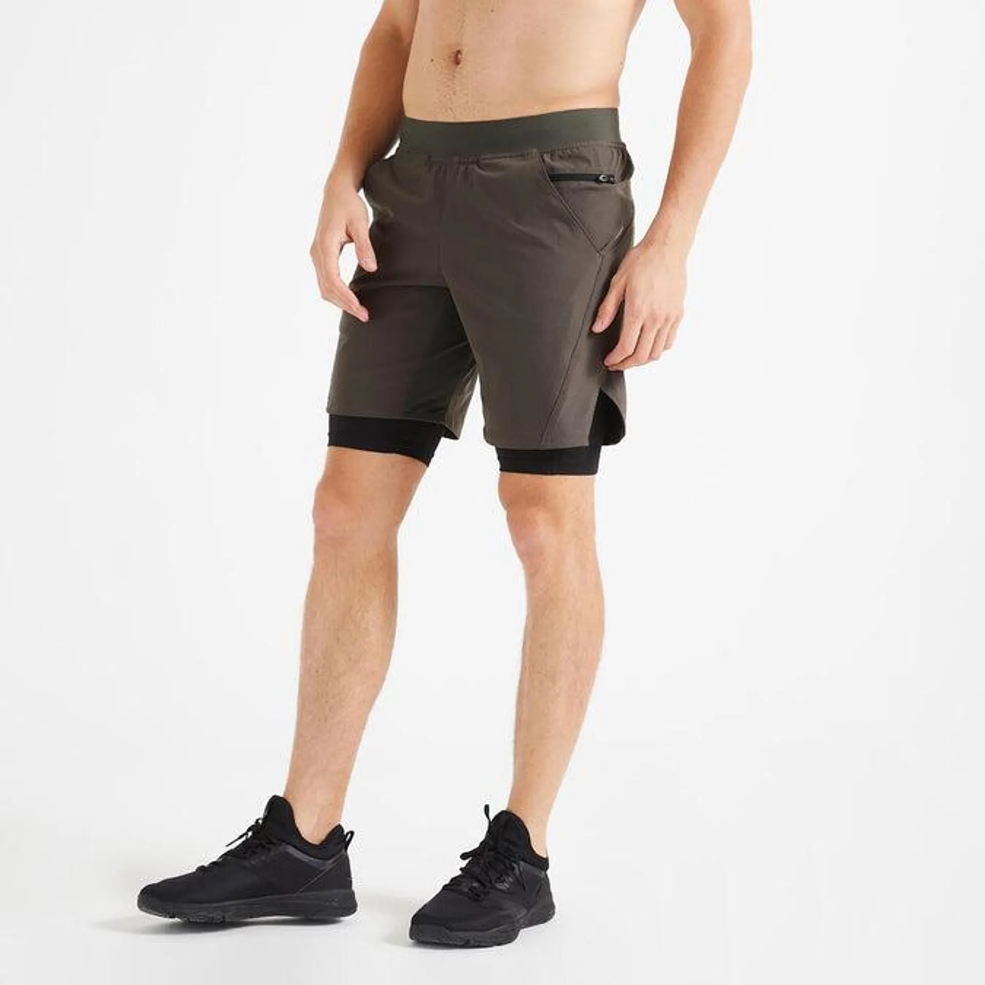 Men's Zip Pocket Breathable 2-in-1 Fitness Shorts - Khaki