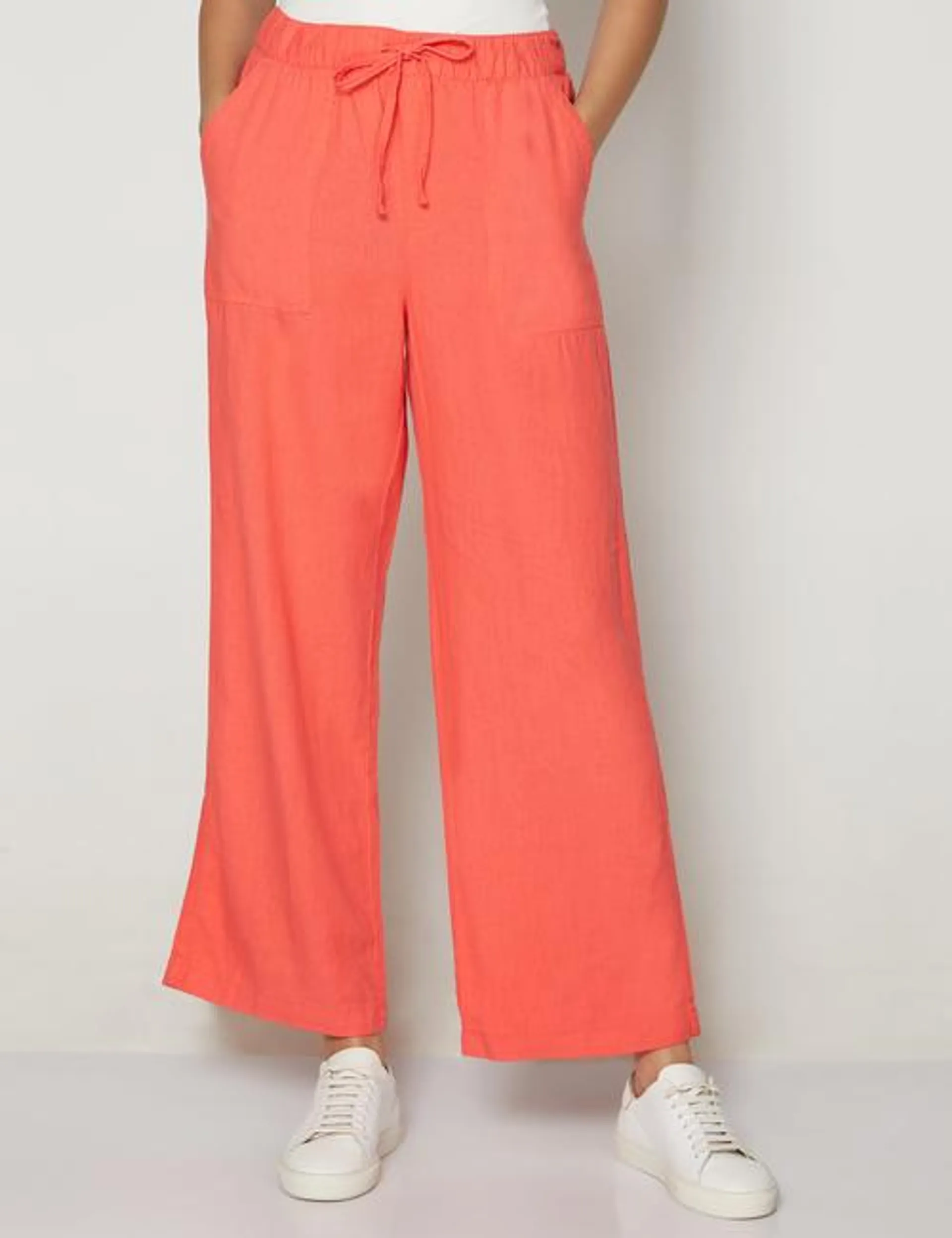 Linen-Blend Wide-Leg Pull-On Pants