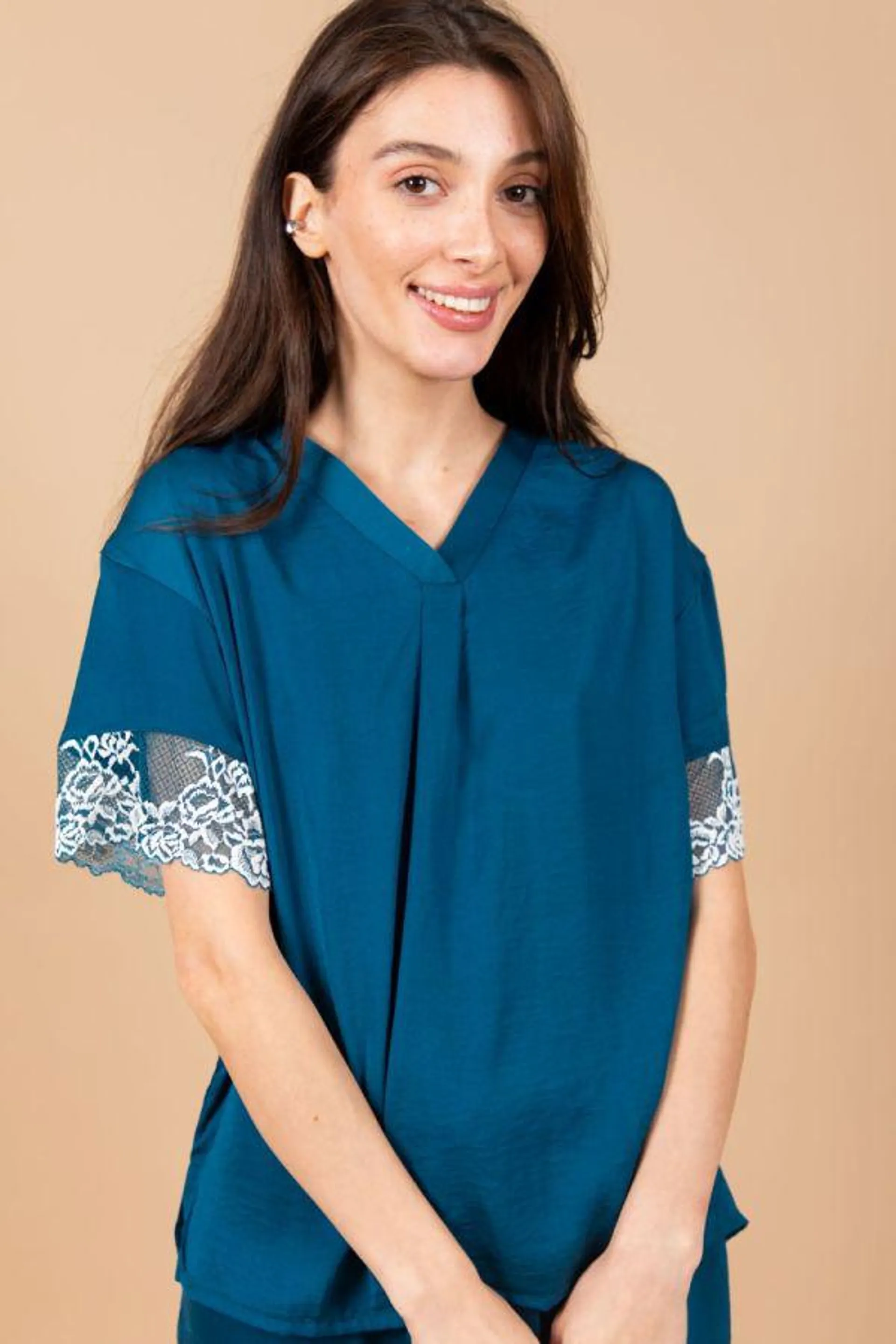 Ladies Teal Satin White Lace Top