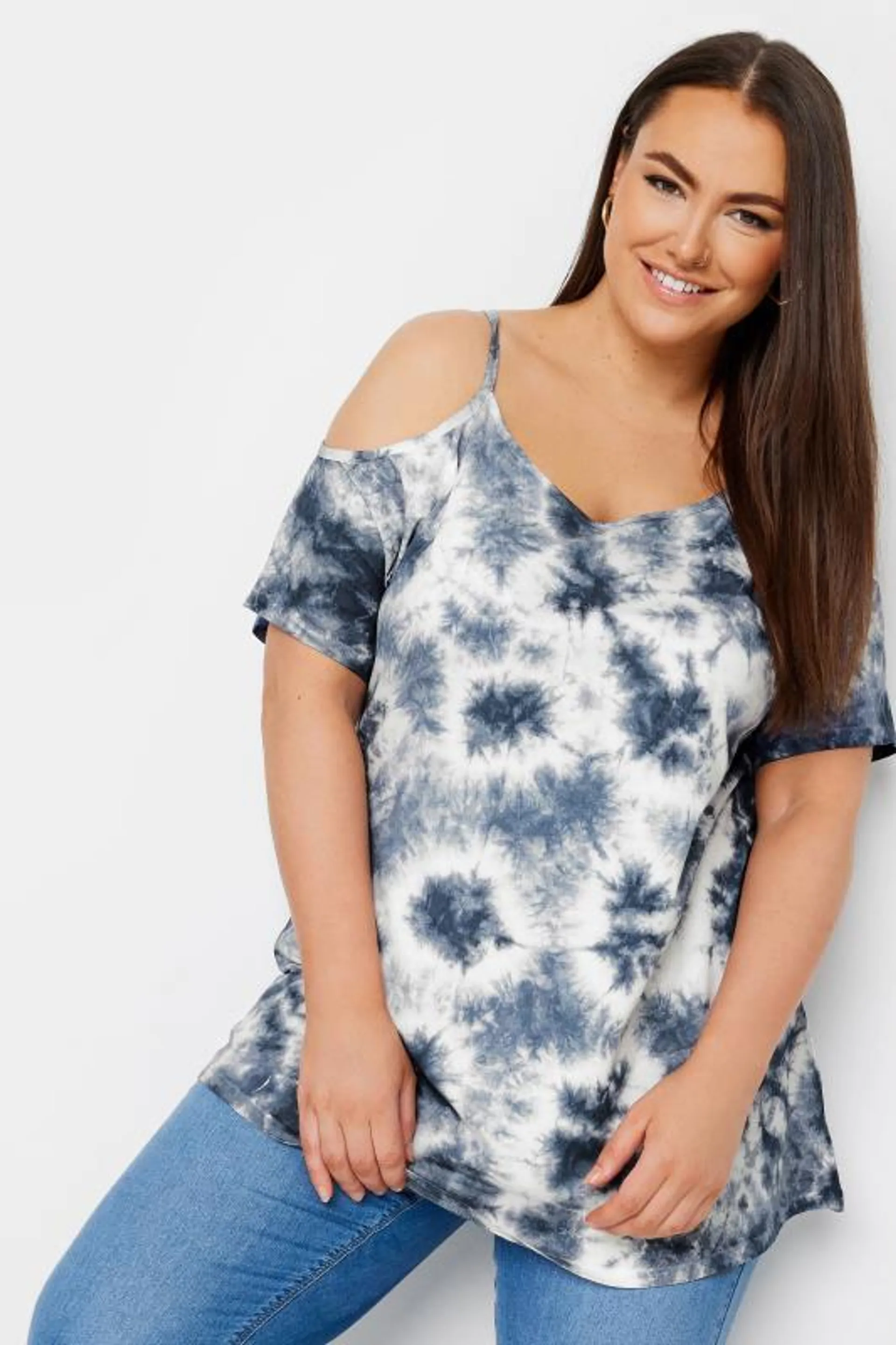 YOURS Curve Blue Tie Dye Cold Shoulder Top