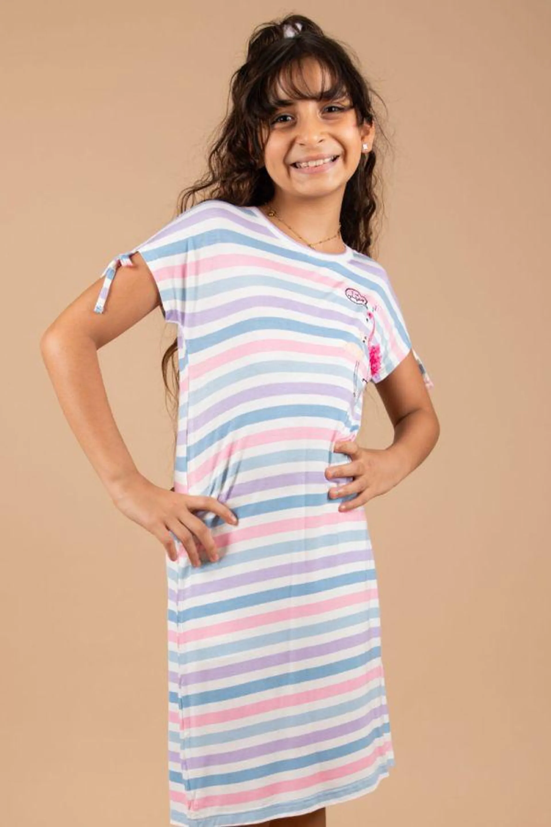 Girls White Multi Coloured Stripe Flamingo Nightdress