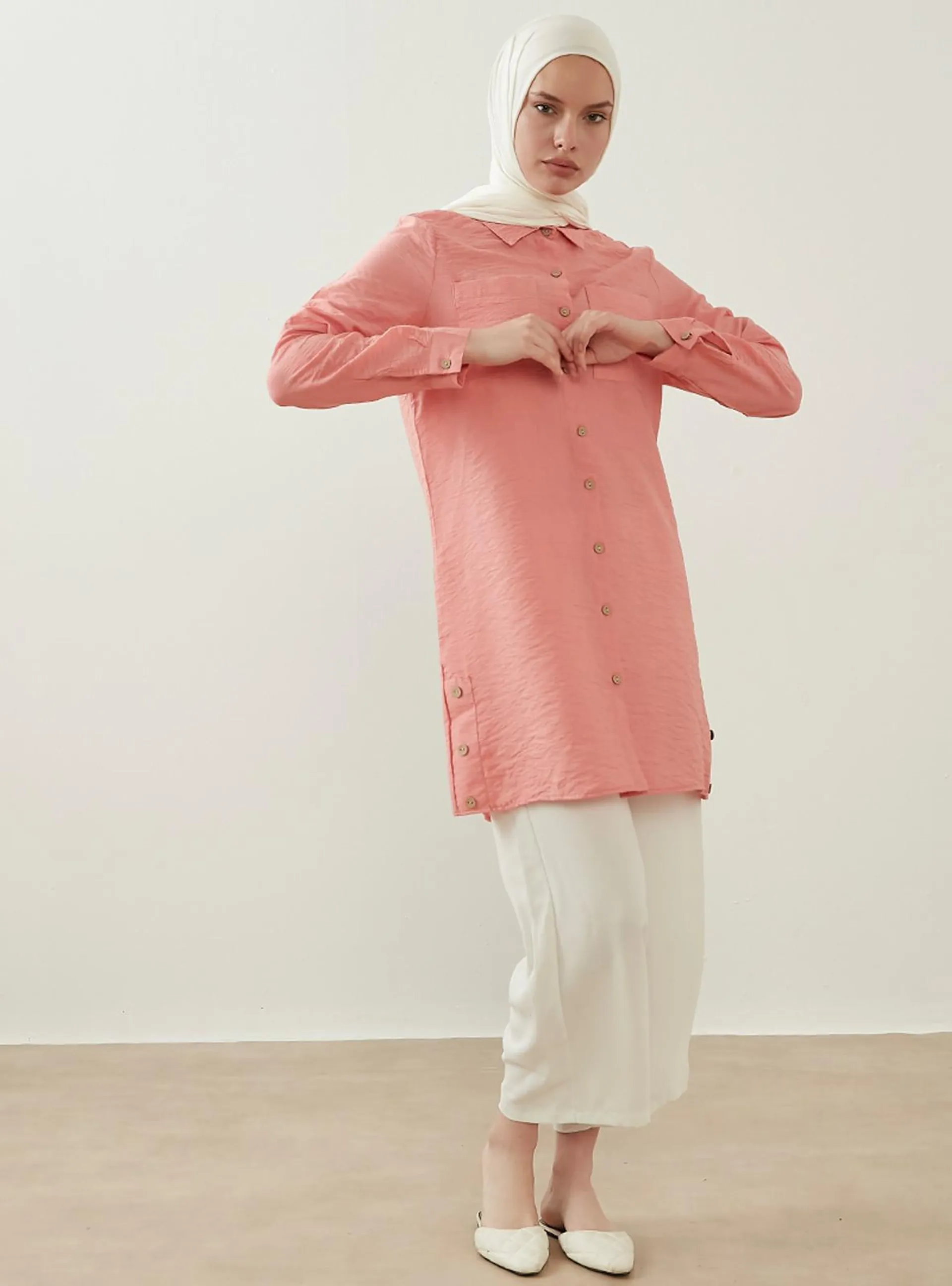 Side Three Button Down Double Pocket Shirt Tunic Rose Color