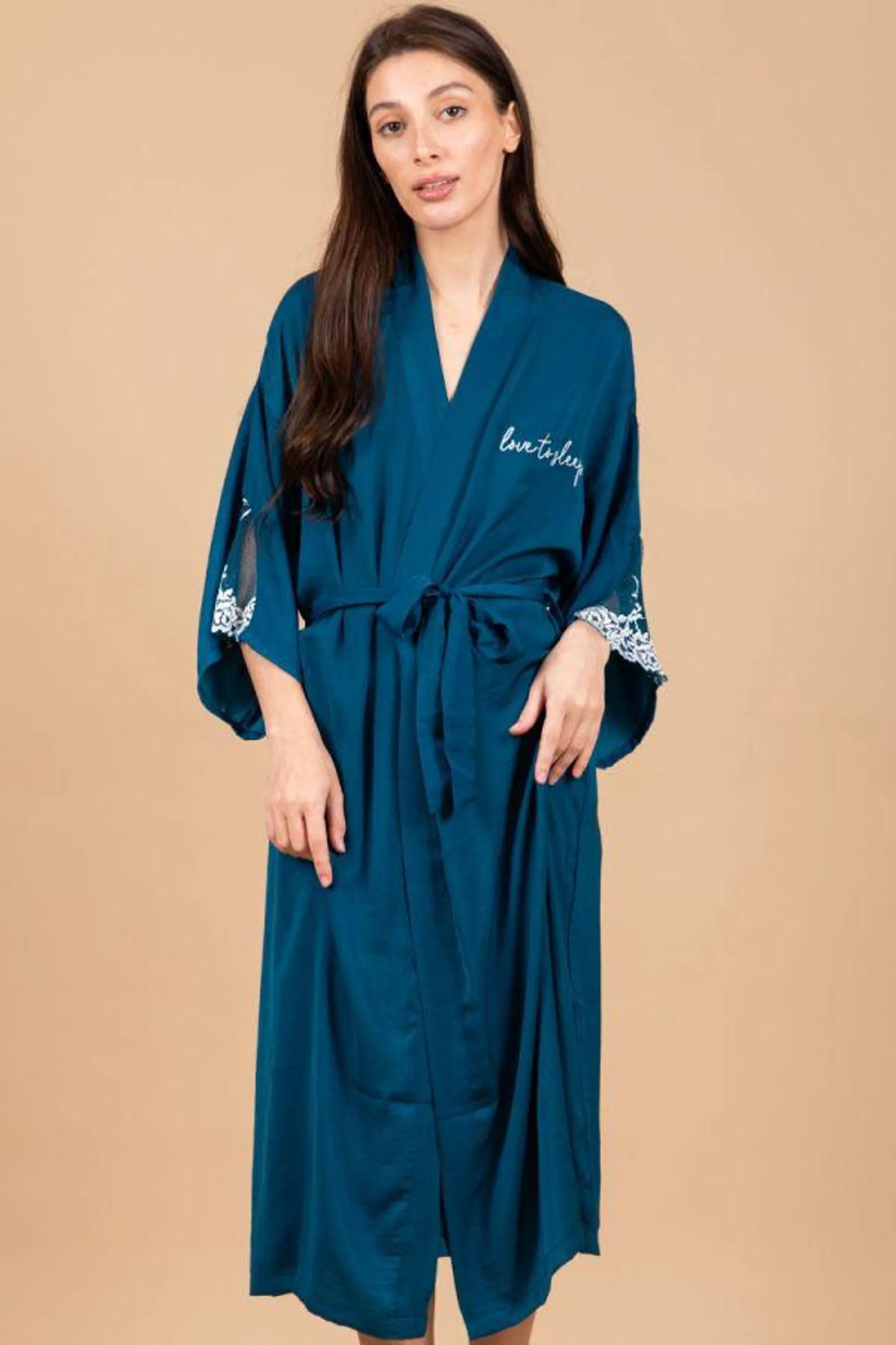 Ladies Teal Satin White Lace Robe