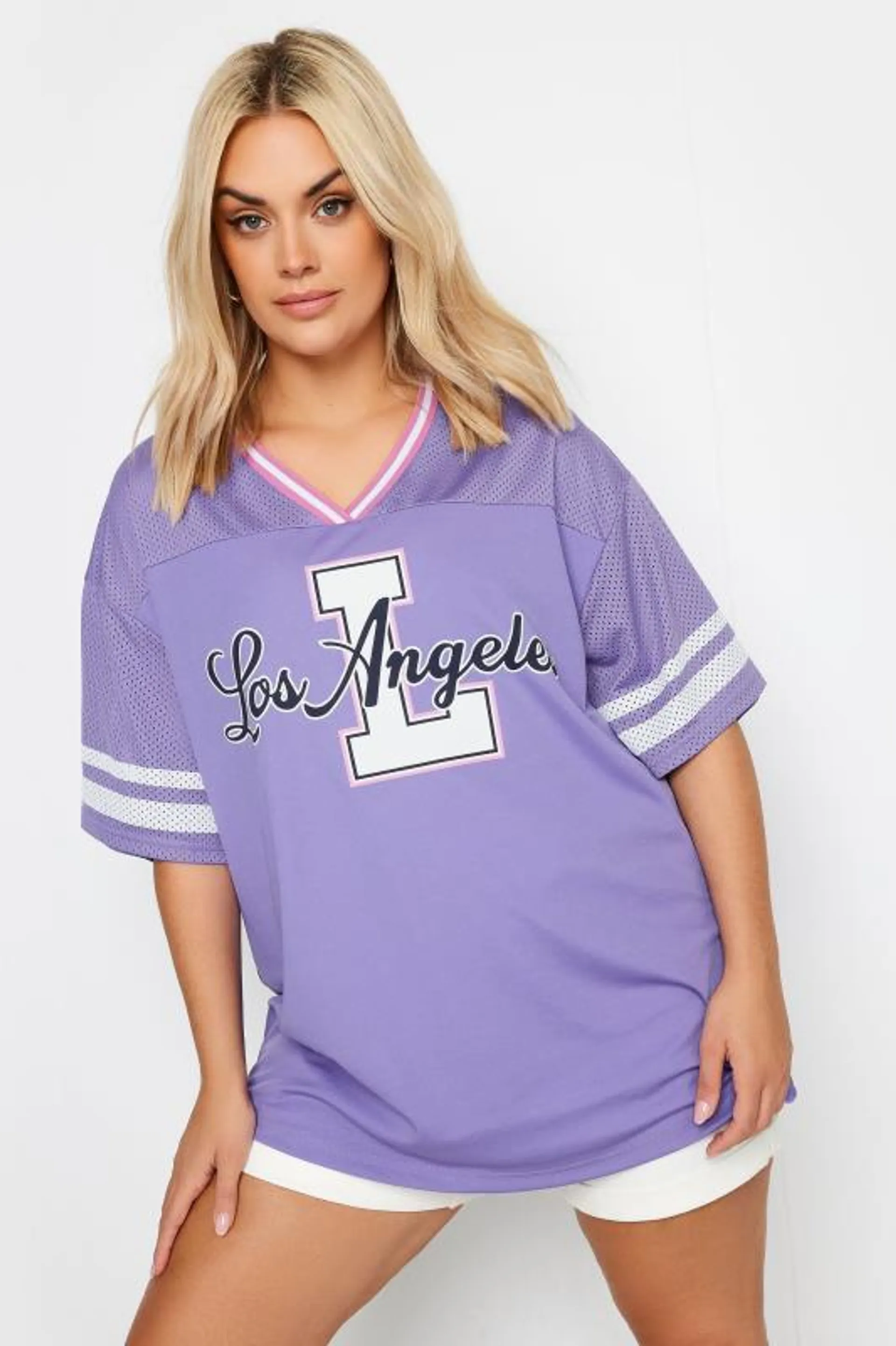 YOURS Curve Purple 'Los Angeles' Slogan Varsity T-Shirt