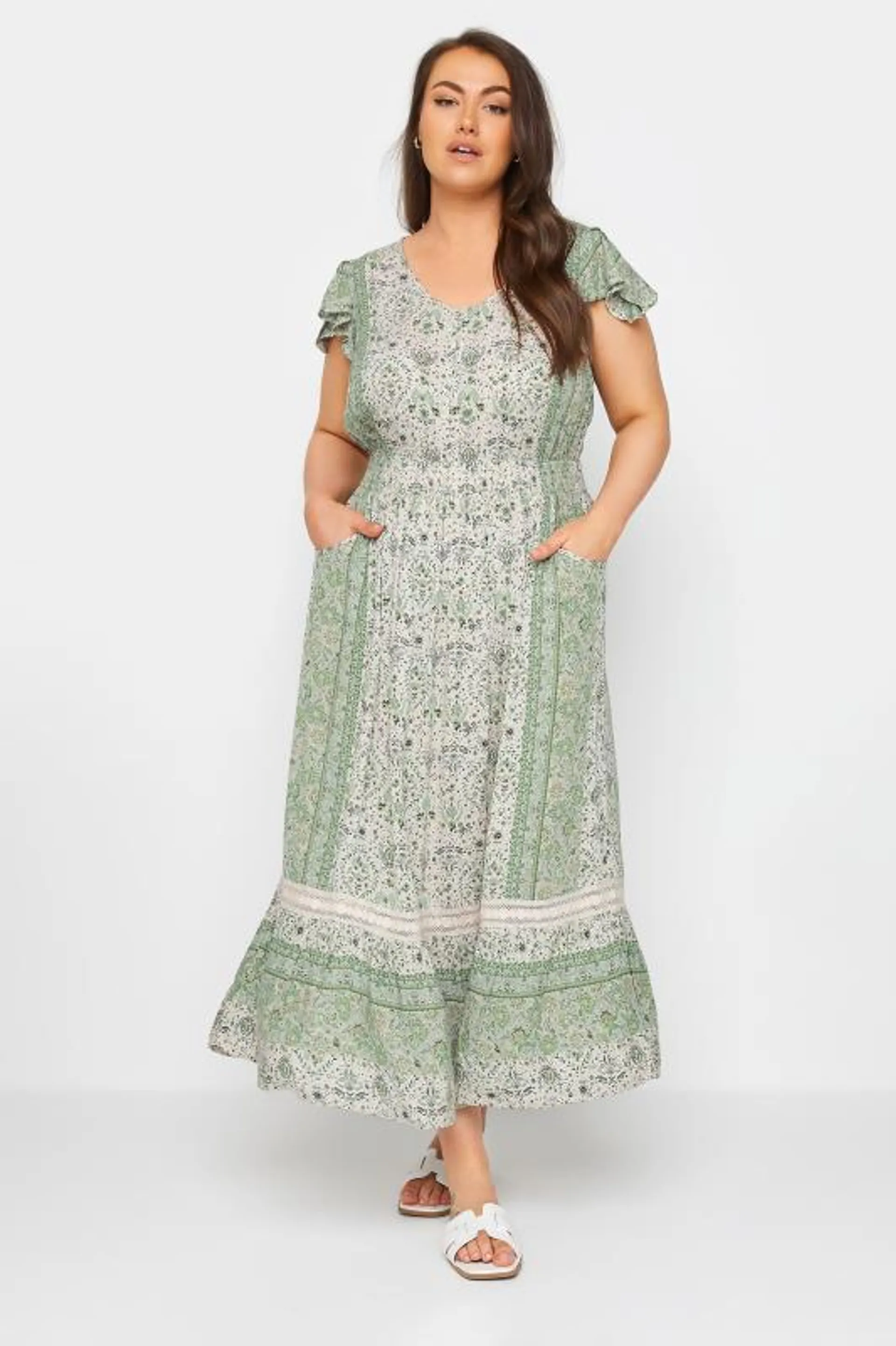 YOURS Curve Green Floral Print Crinkle Maxi Dress