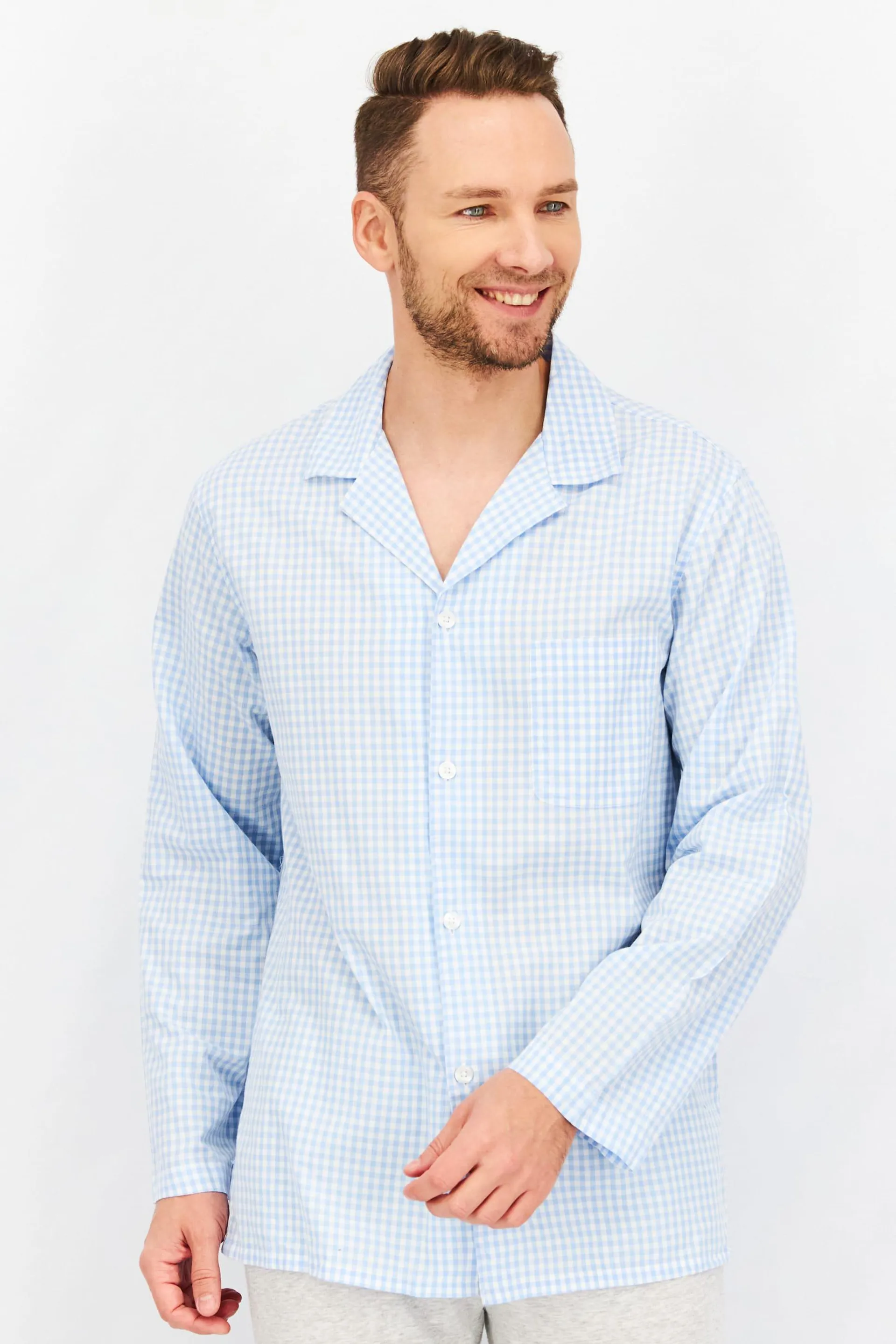 Men Checkered Long Sleeve Pajama Top, Light Blue/White
