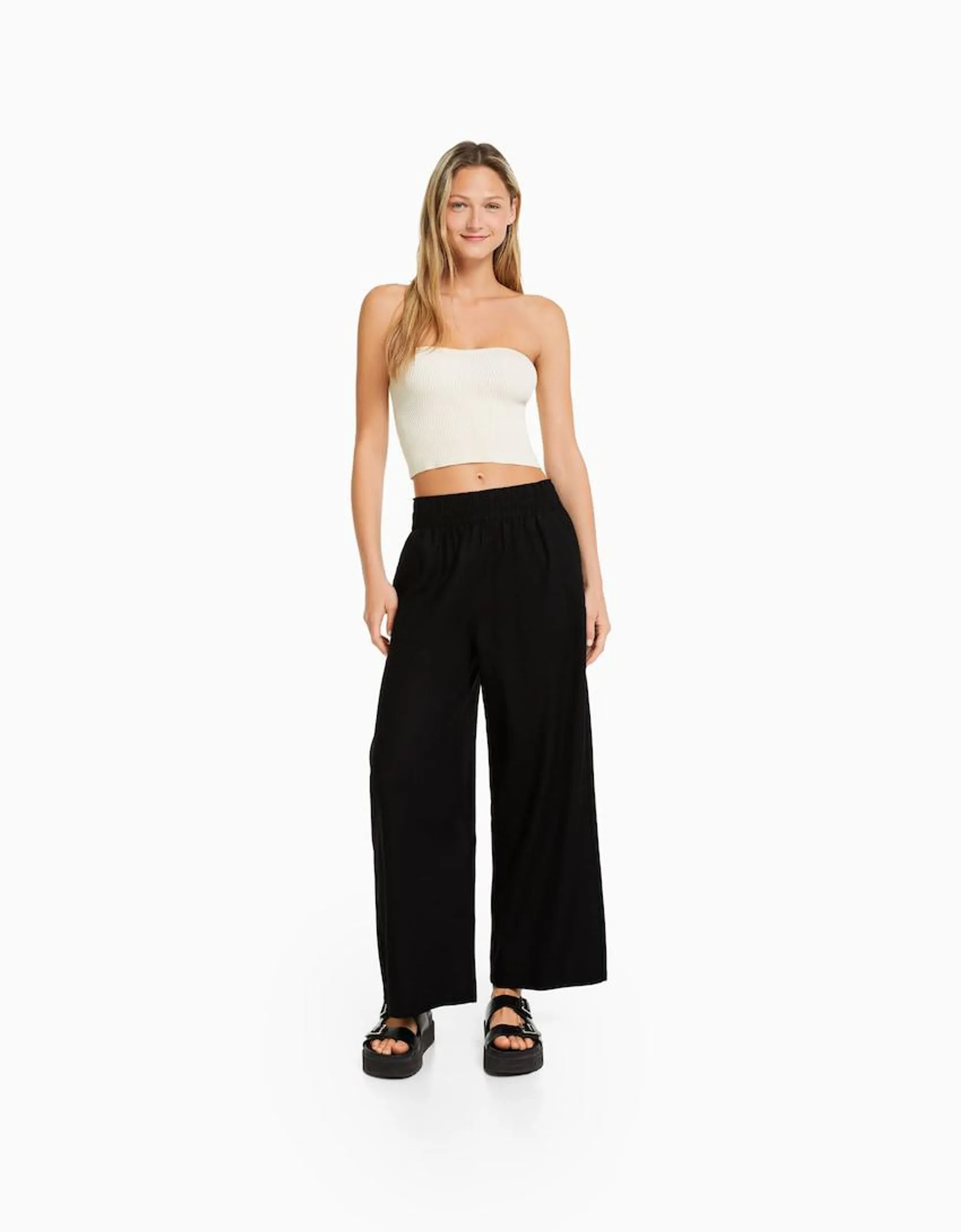Linen culottes with elastic waistband and pockets