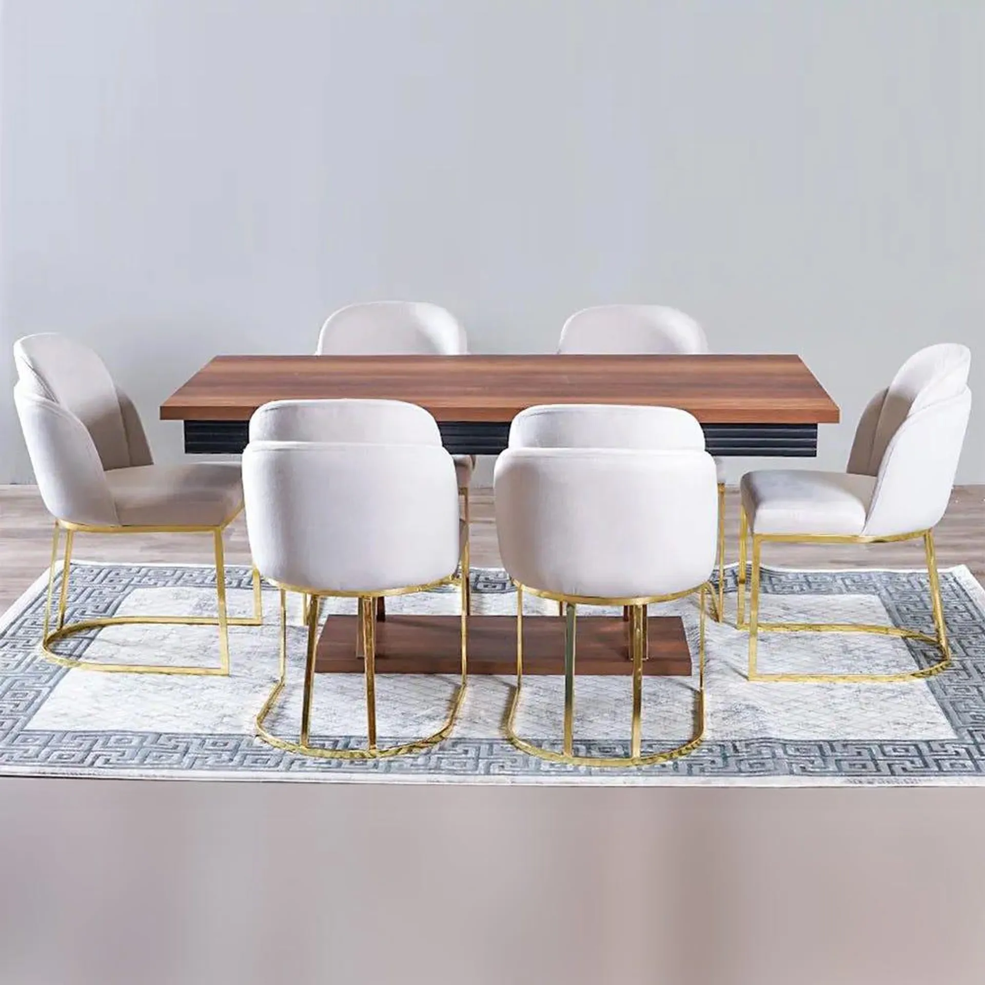 Roma 1+6 Dining Set-Walnut / Beige / Gold