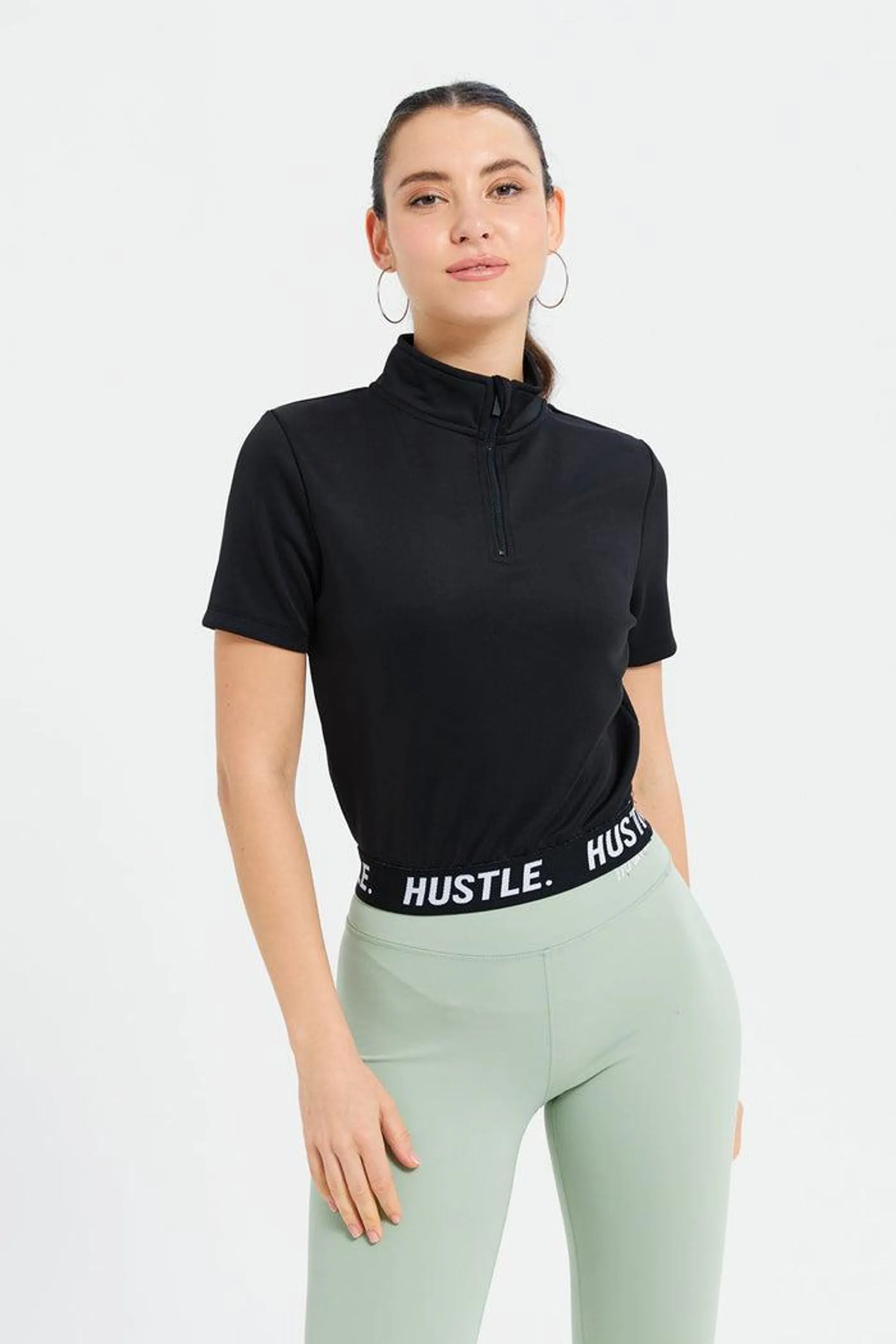 Women Black Active T-Shirt With Elastic Tape