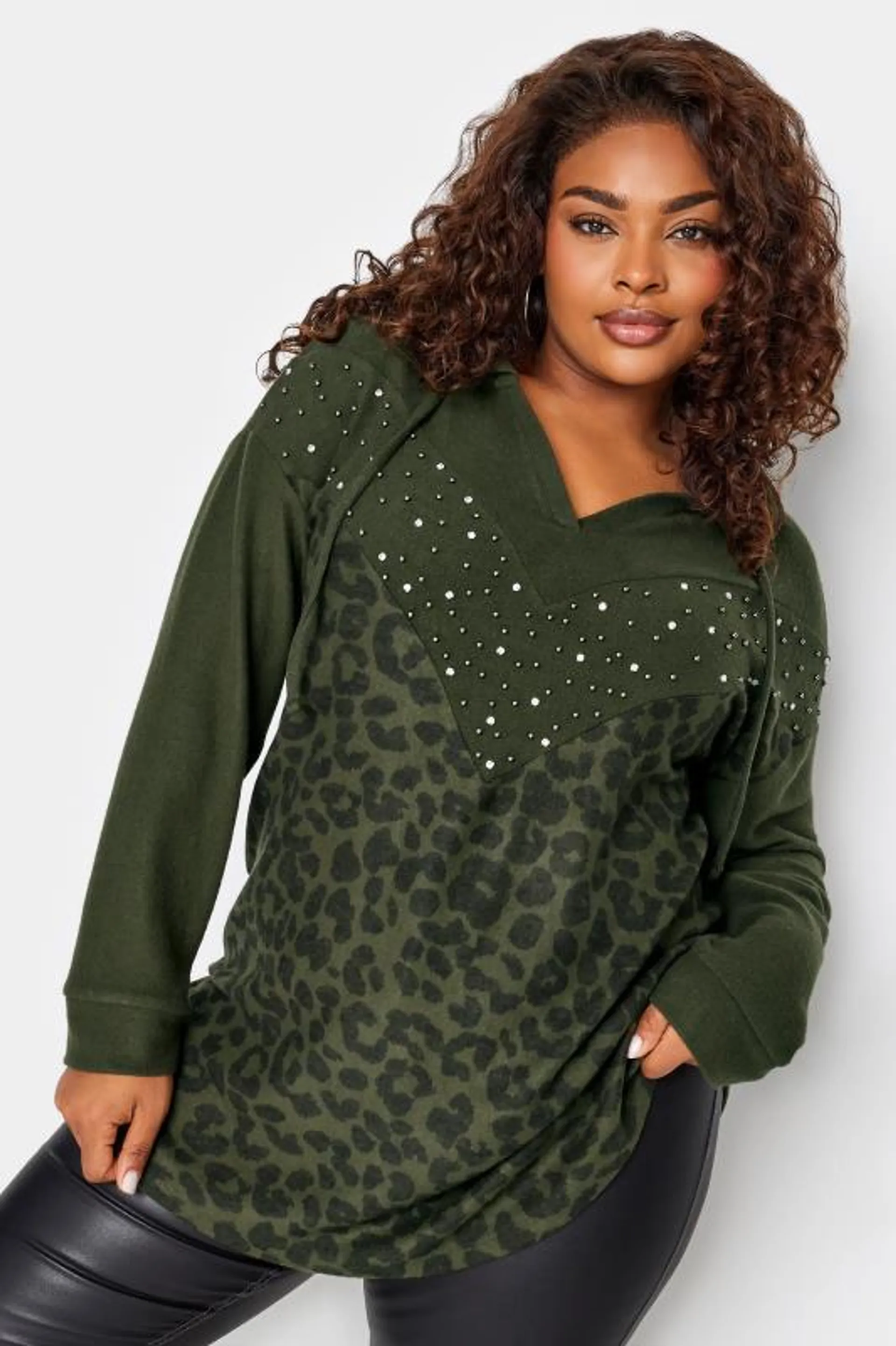 YOURS Curve Khaki Green Animal Print Embellished Hoodie