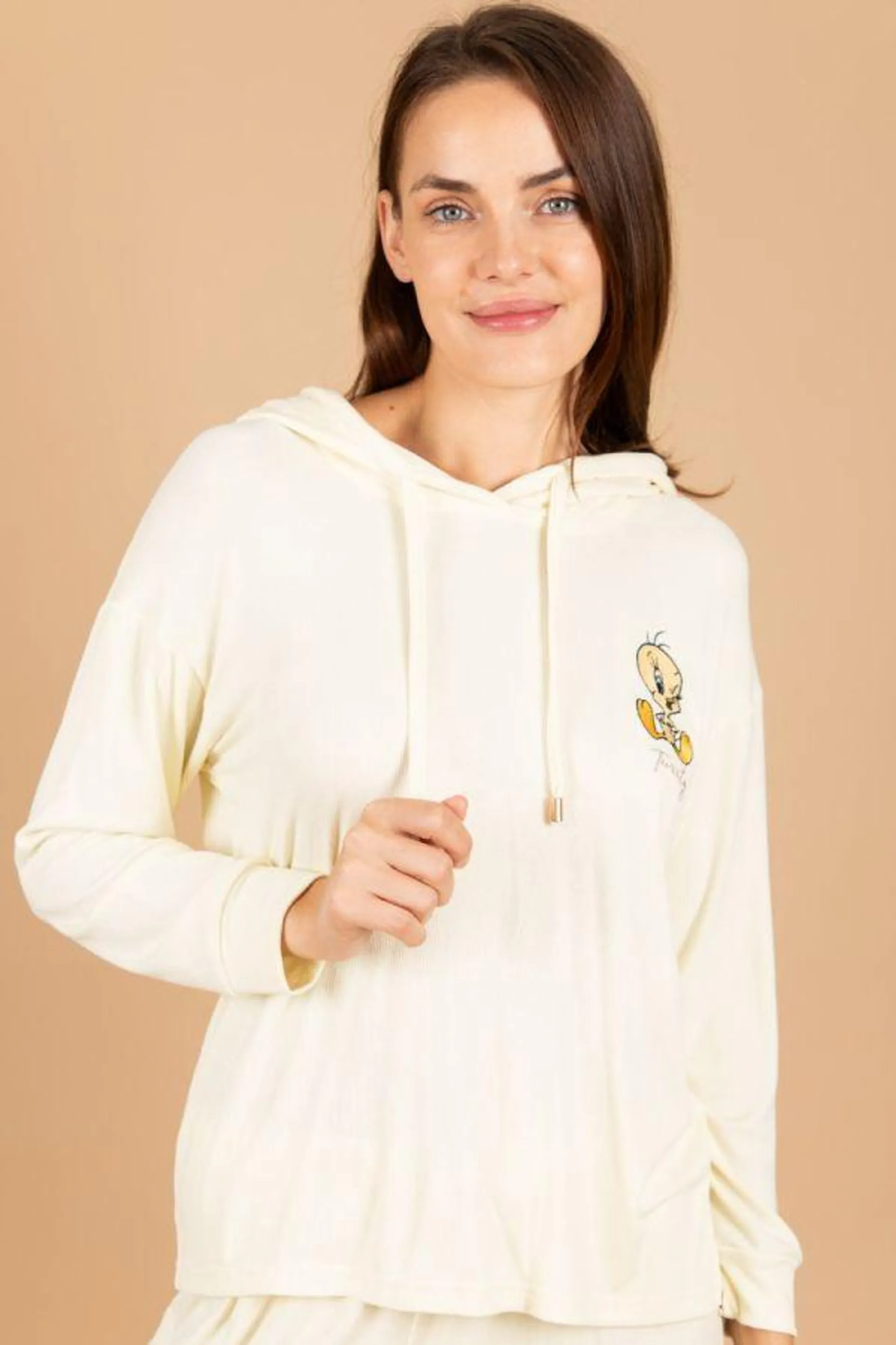 Ladies Lemon Rib Tweety Hooded Top