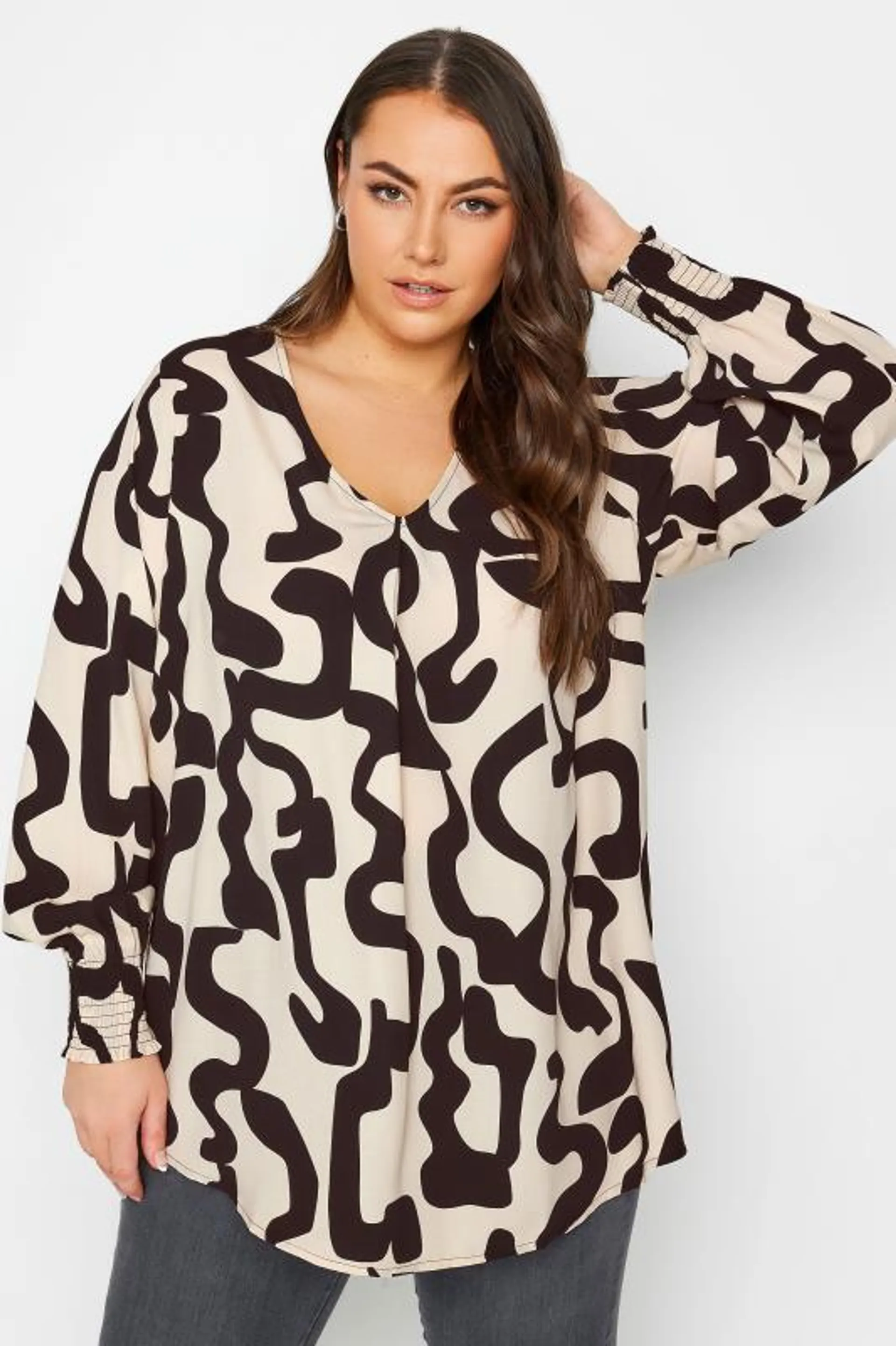 YOURS Curve Beige Brown Abstract Print Pleat Front Blouse