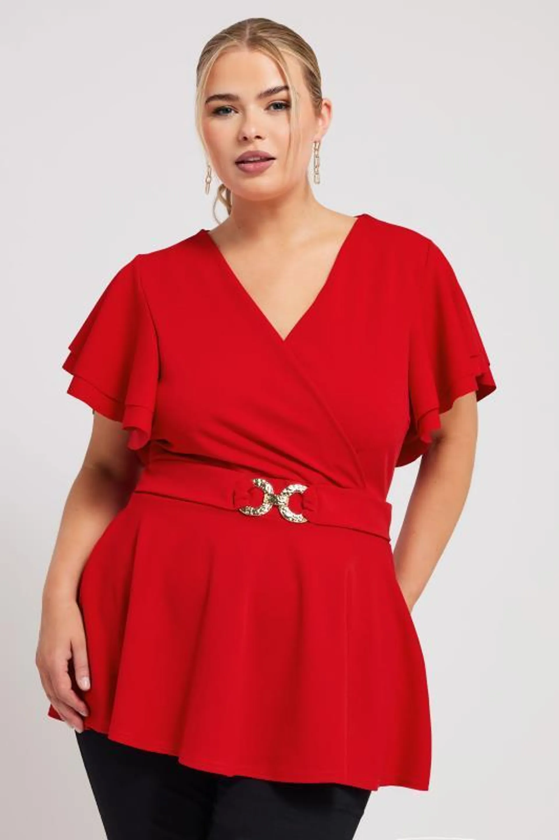 YOURS LONDON Curve Red Buckle Detail Peplum Top