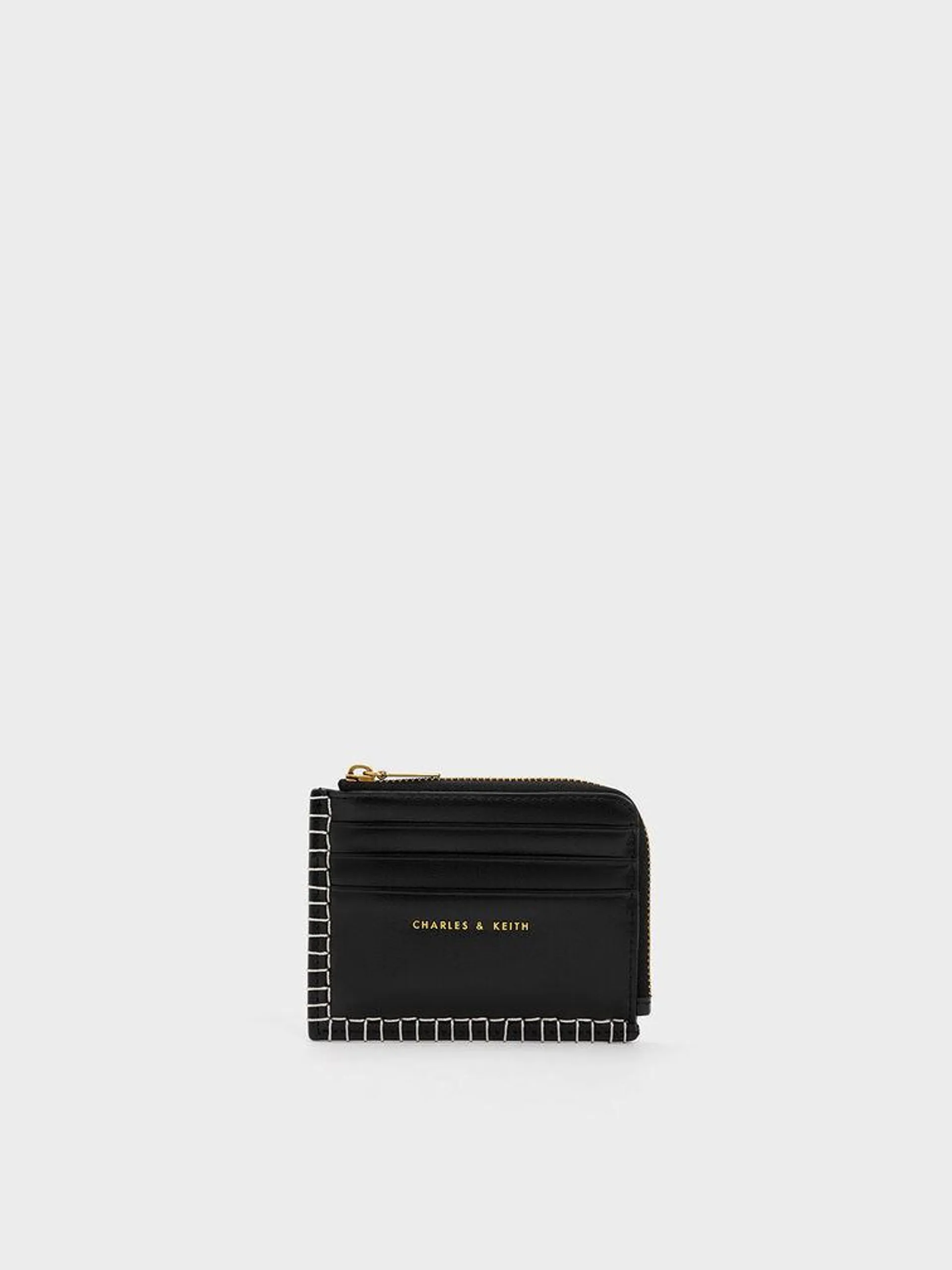 Circe Stitch-Trim Zip Around Card Holder - Black
