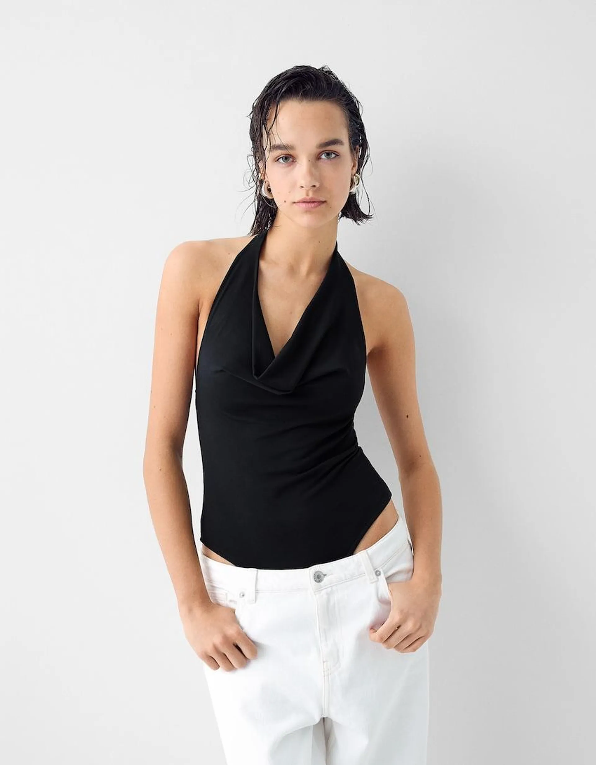 Draped halter bodysuit