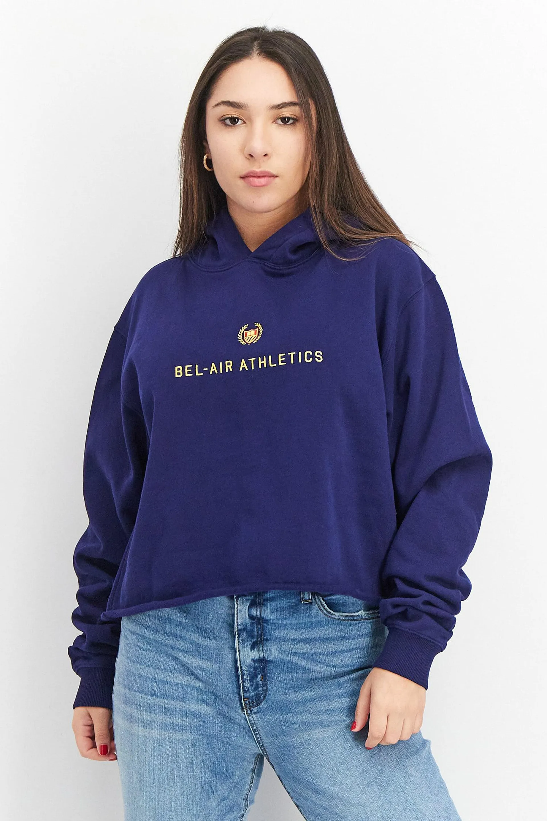 Women Sportswear Fit Embroidered Fleece Hoodie, Blue/Yellow