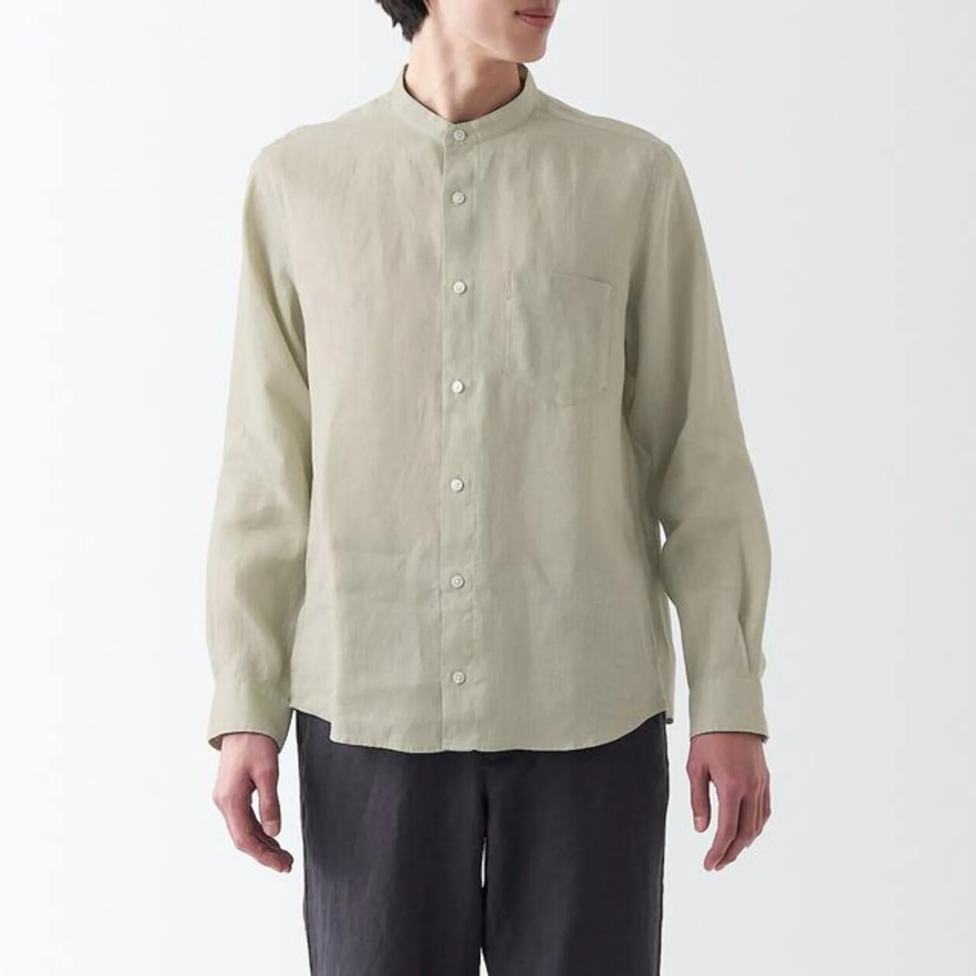 French Linen Washed Stand Collar Shirt