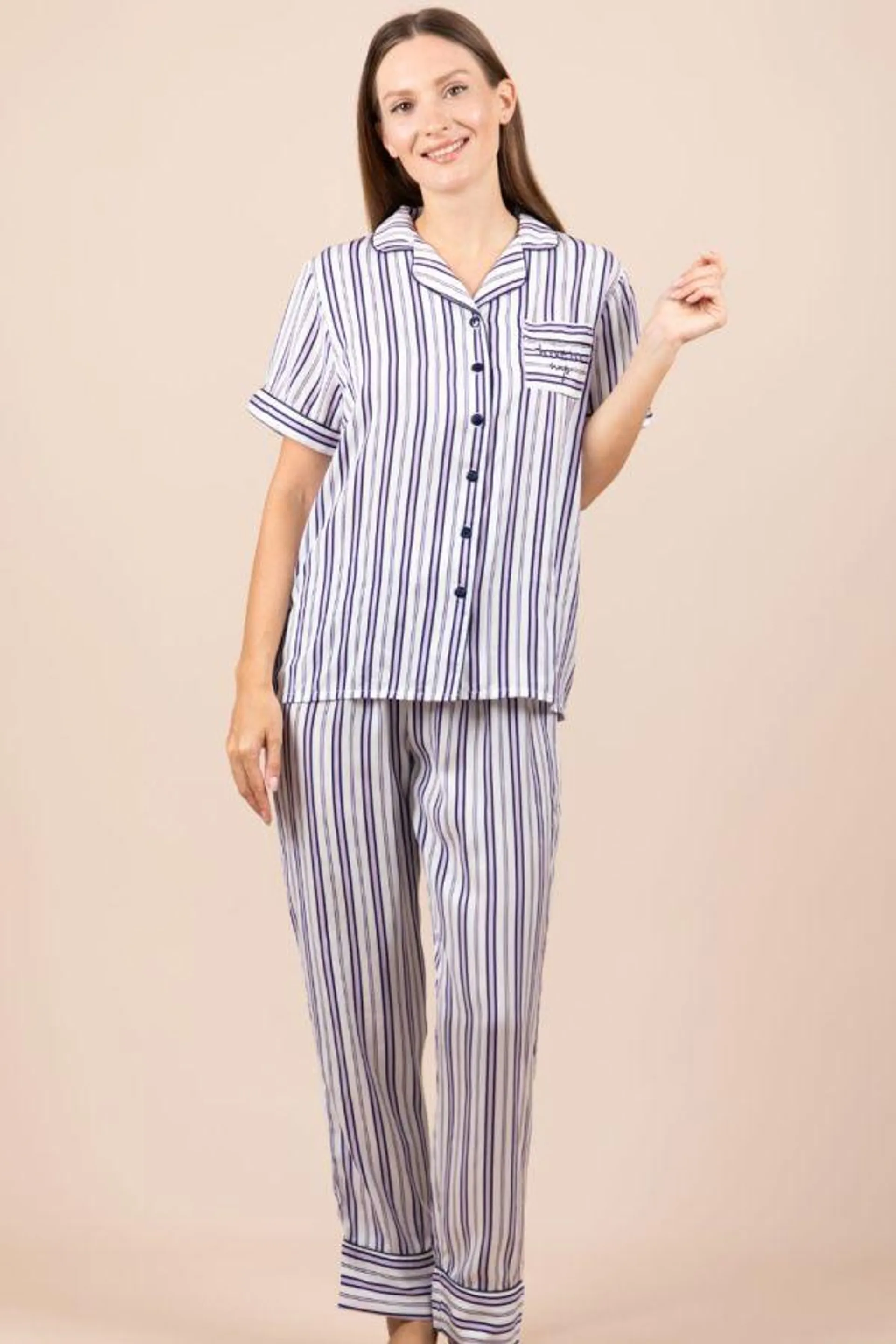 Ladies White Lilac Navy Pink Stripe Button Through PJ