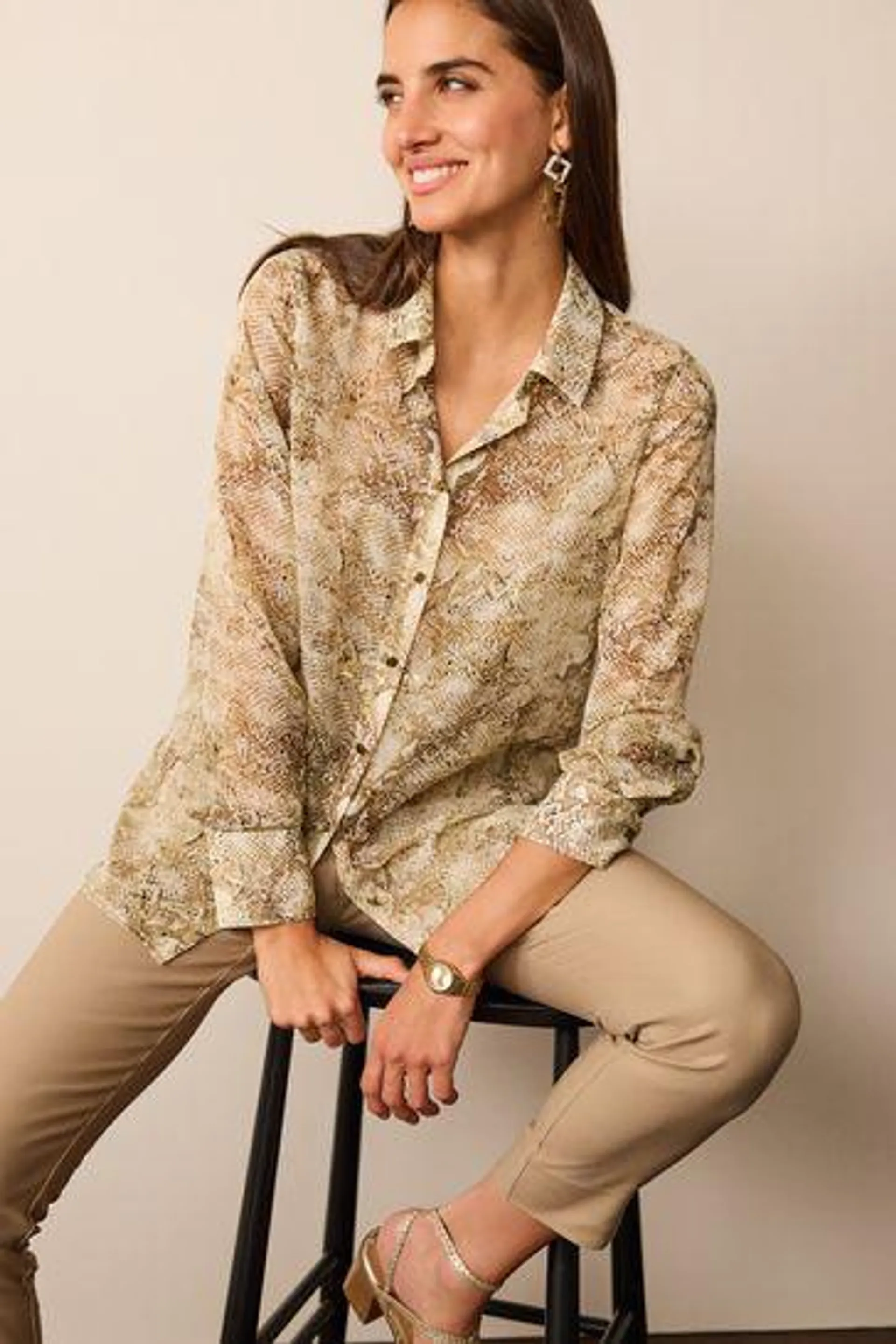 Gold Button Detail Sheer Long Sleeve Shirt