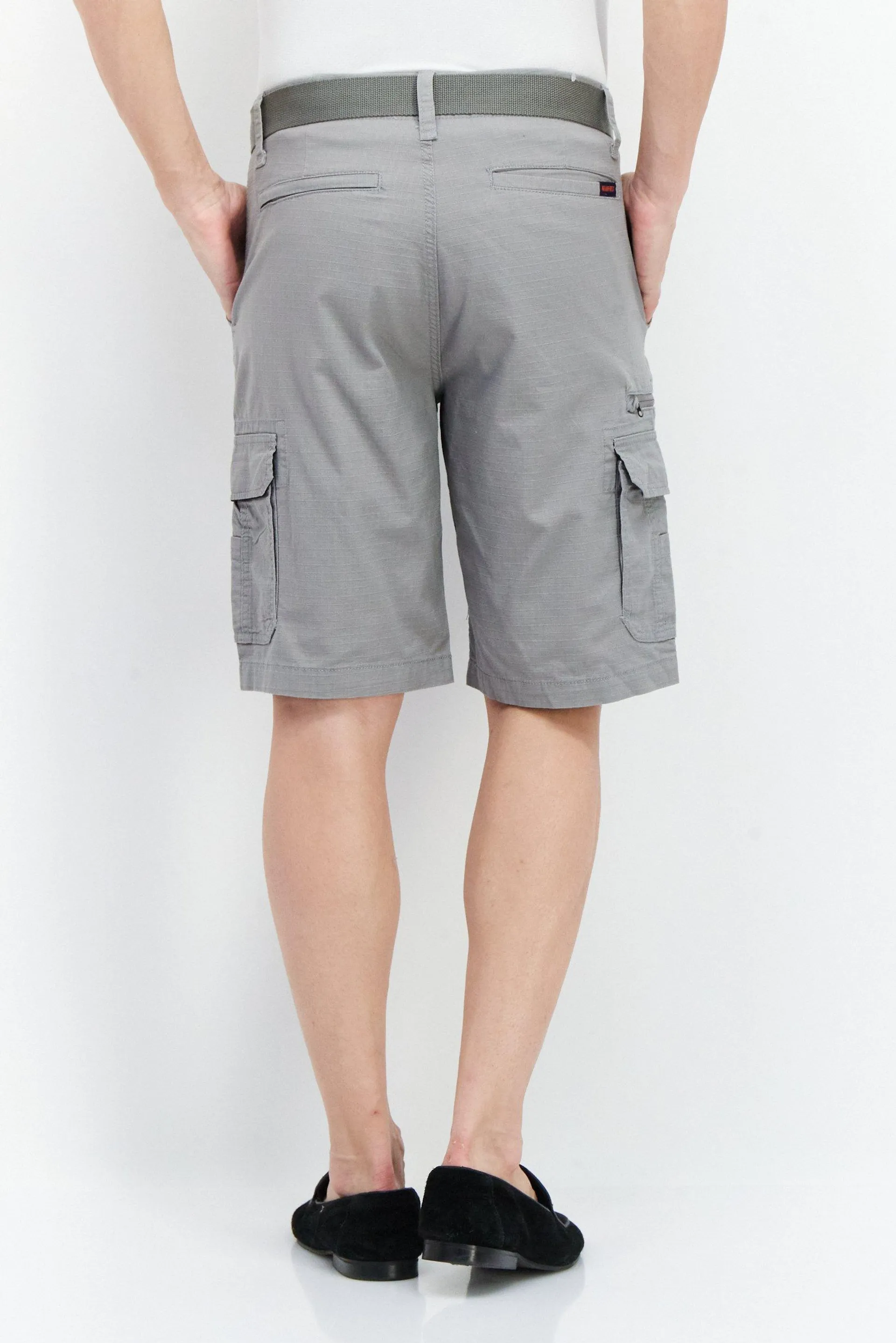 Men Belted Cargo Pocket Shorts, Grey