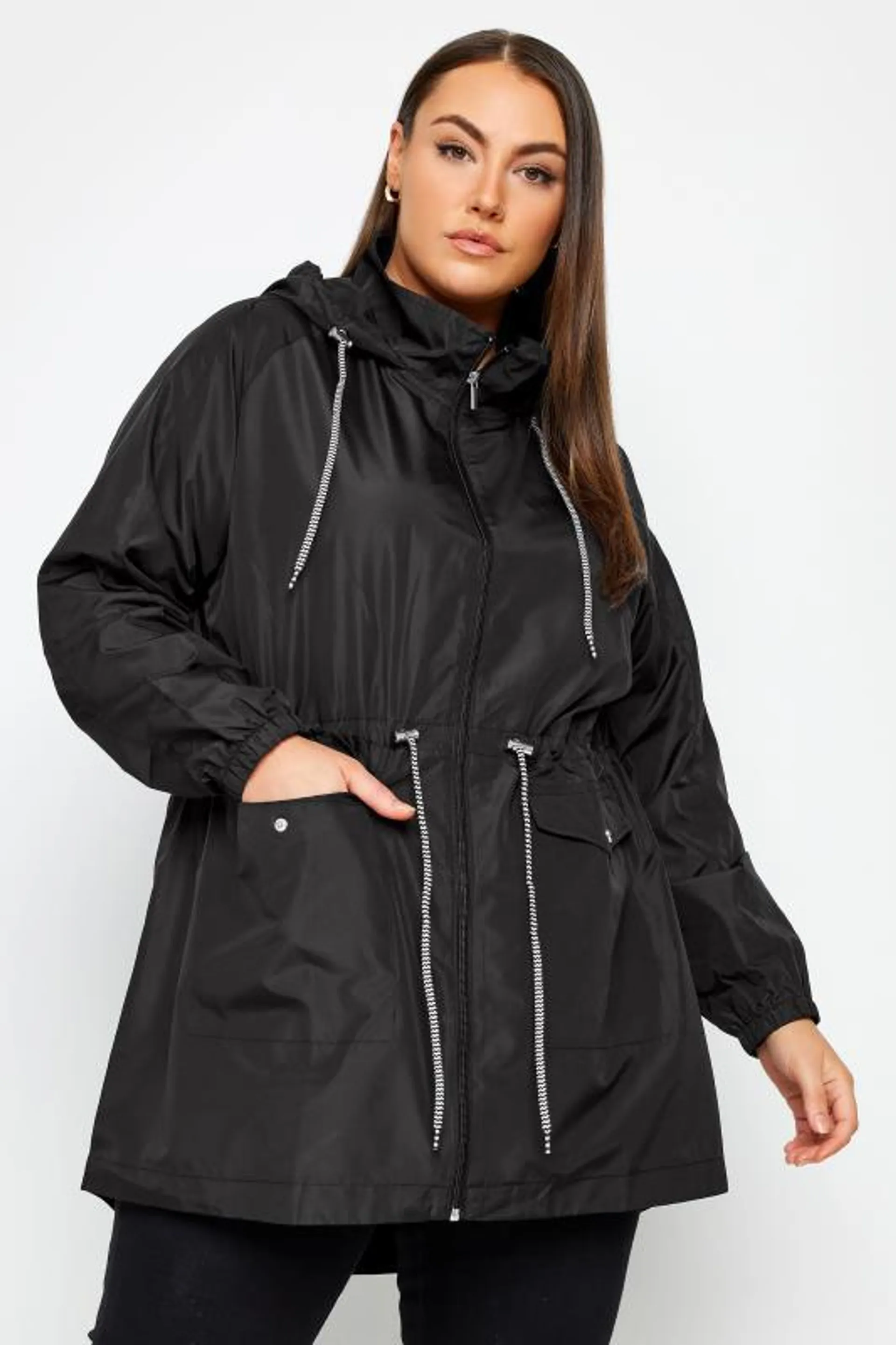 YOURS Curve Black Drawstring Lightweight Parka Jacket