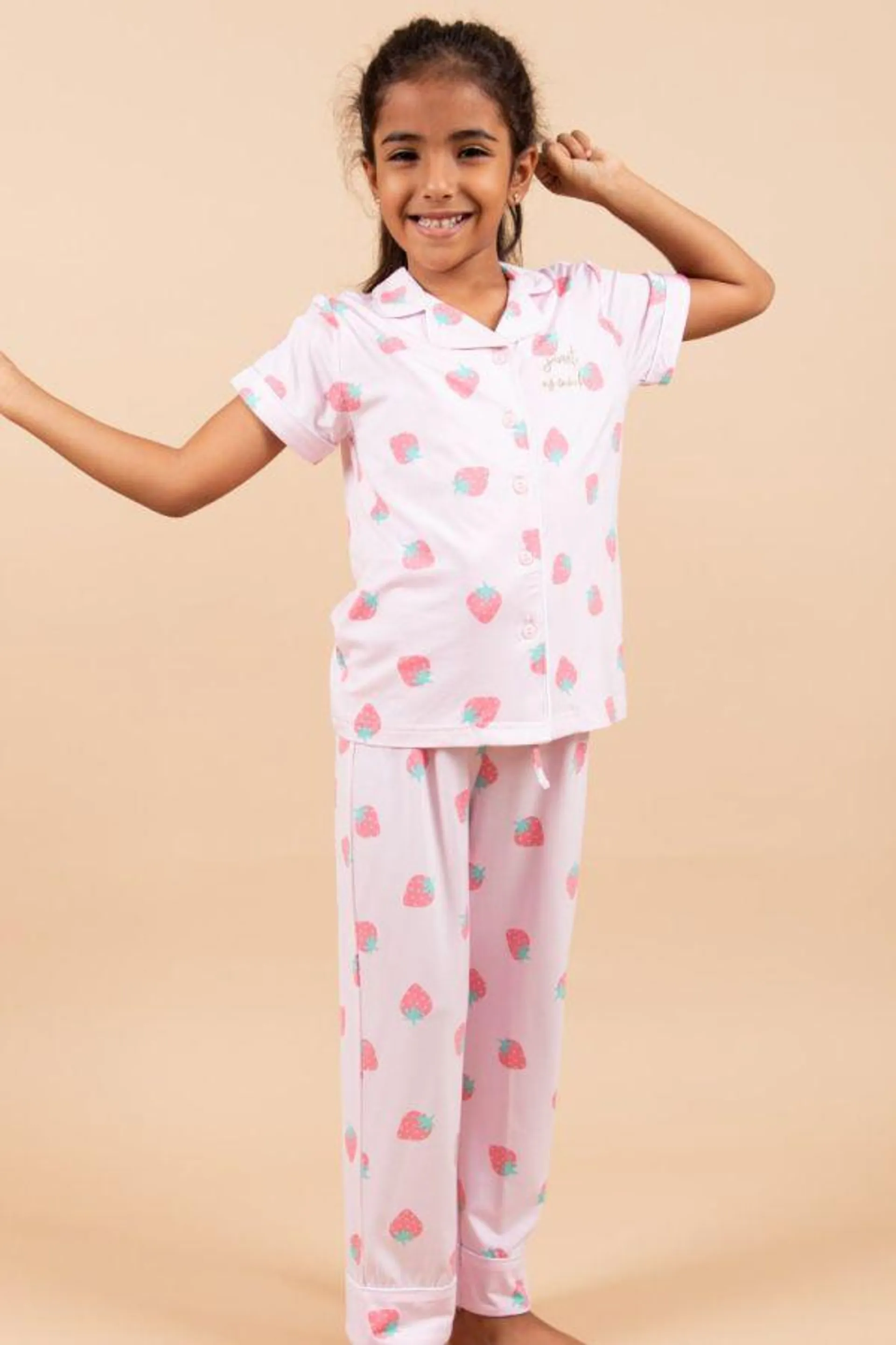 Girls Pink Strawberry Button Through PJ