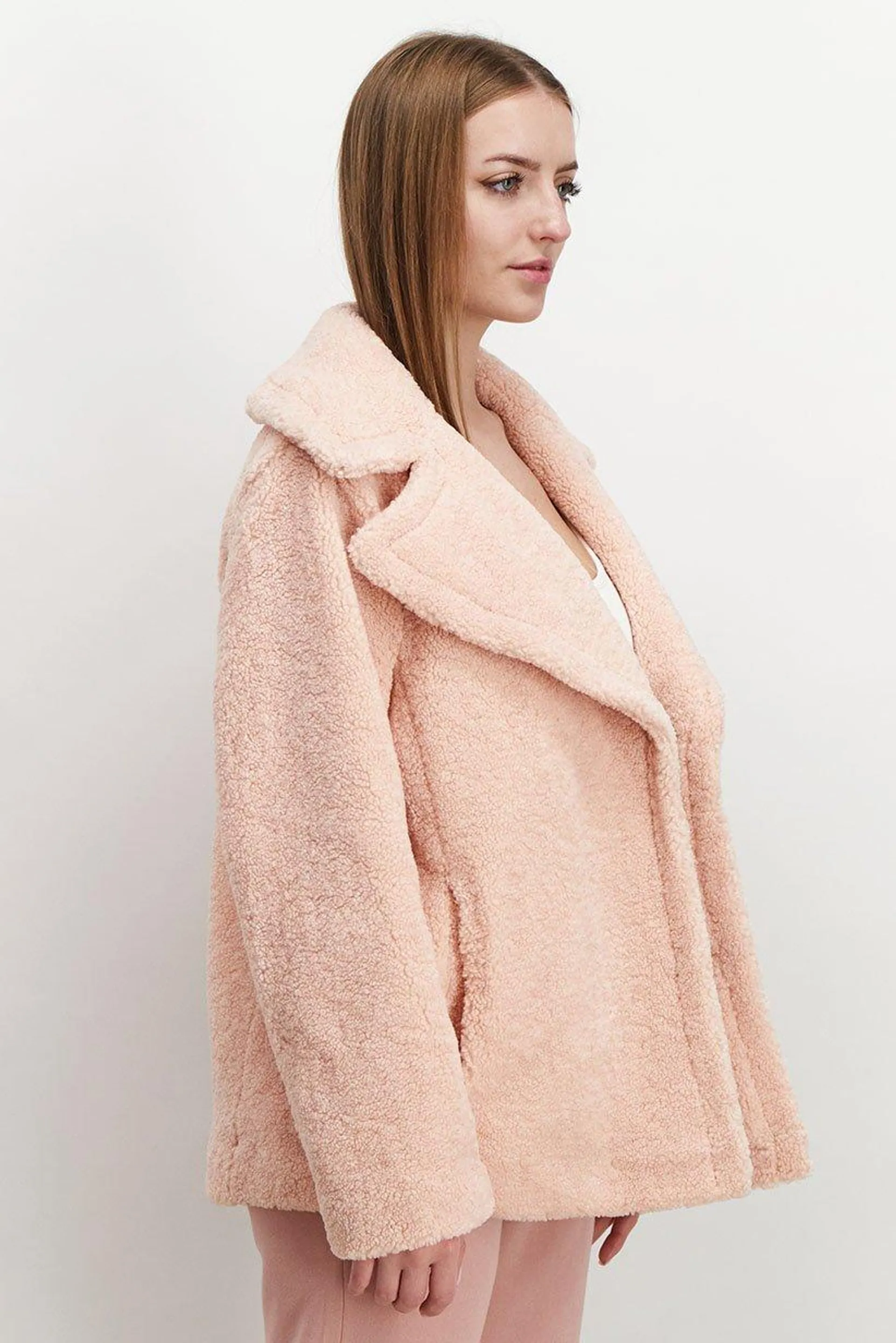 Women Faux Fur Long Sleeves Trench Coat, Blush