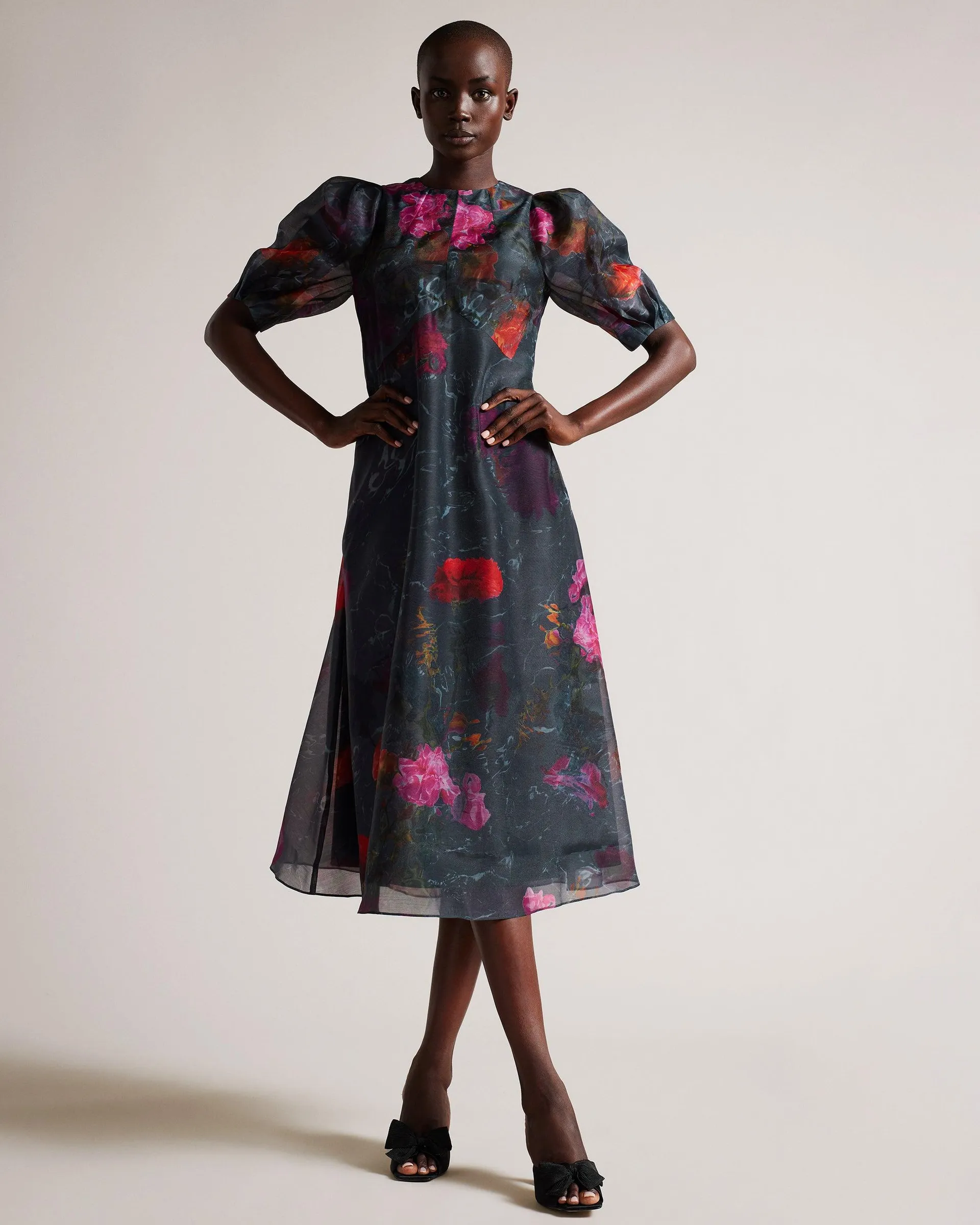 Empire Line Midi Dress With Puff Sleeve