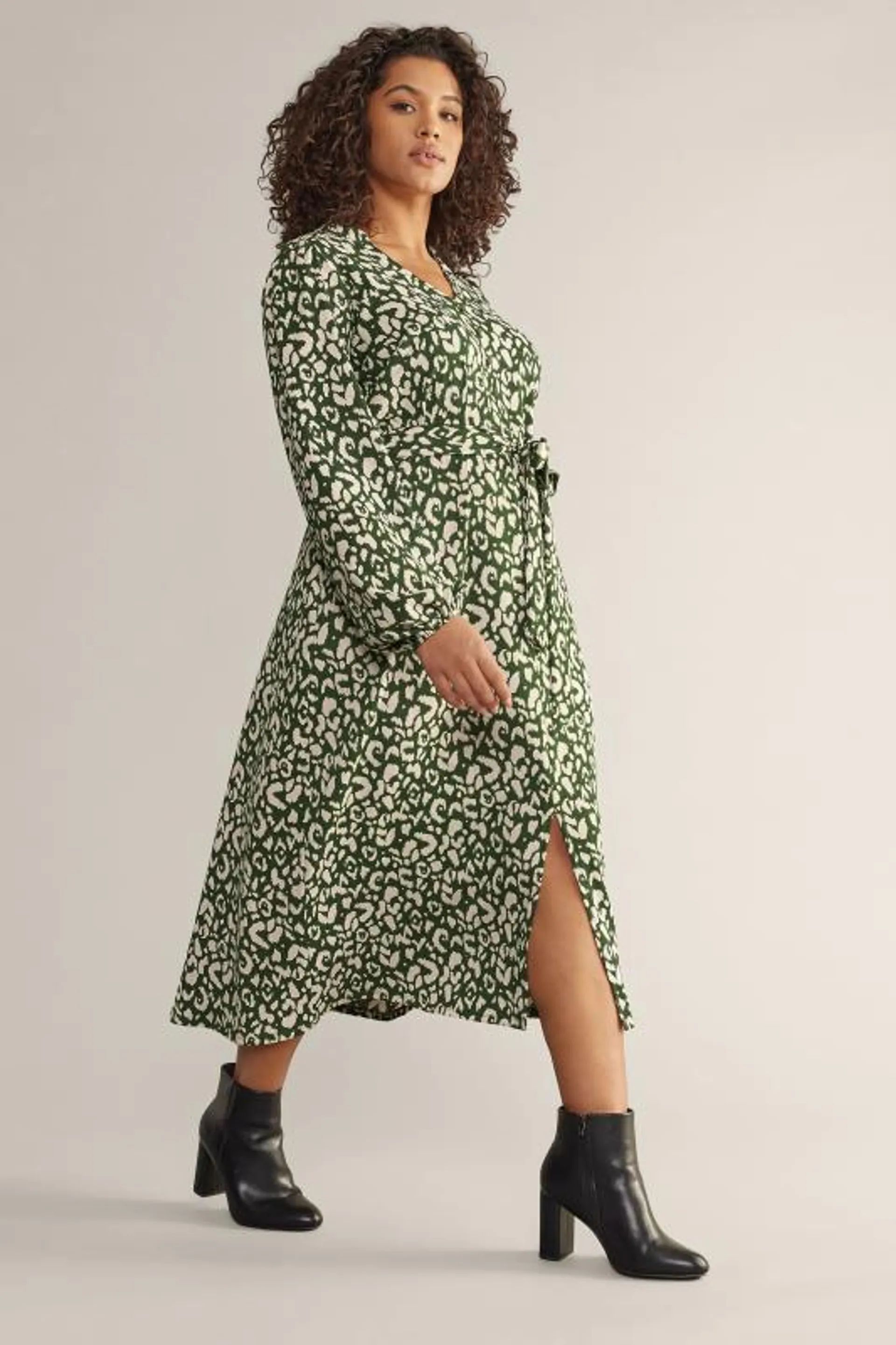 EVANS Curve Khaki Green Leopard Print Tie Waist Midi Dress