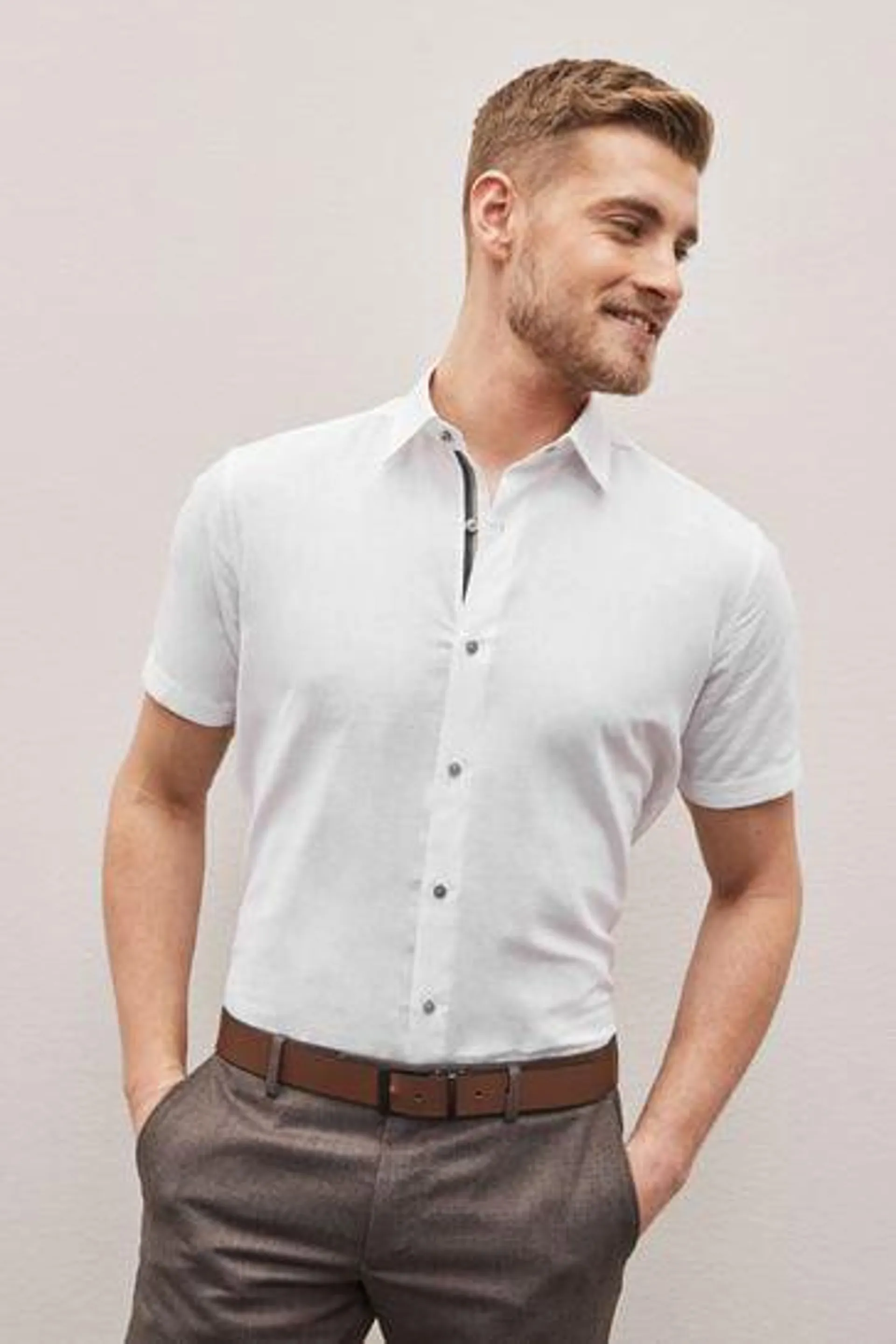 White Regular Fit Short Sleeve Trimmed Linen Blend Shirt