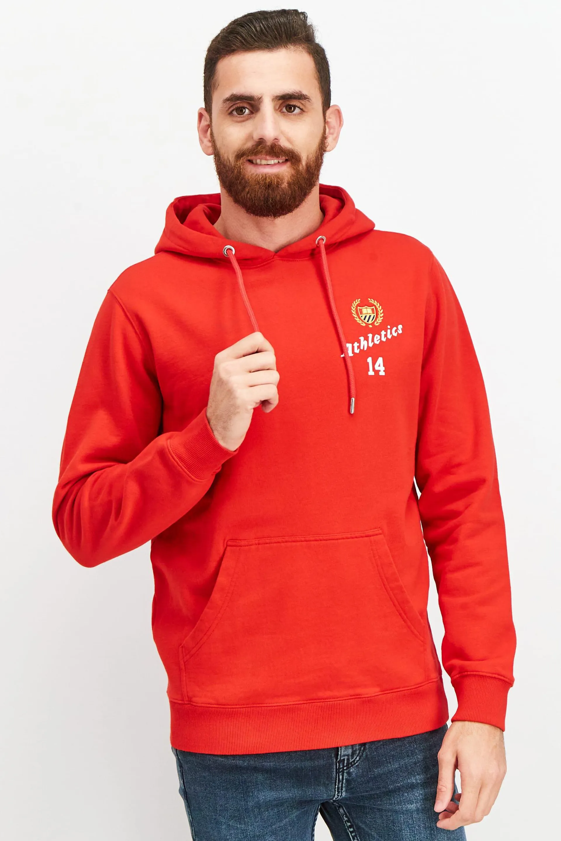 Men Sportswear Fit Long Sleeve Brand Logo Hoodie, Red