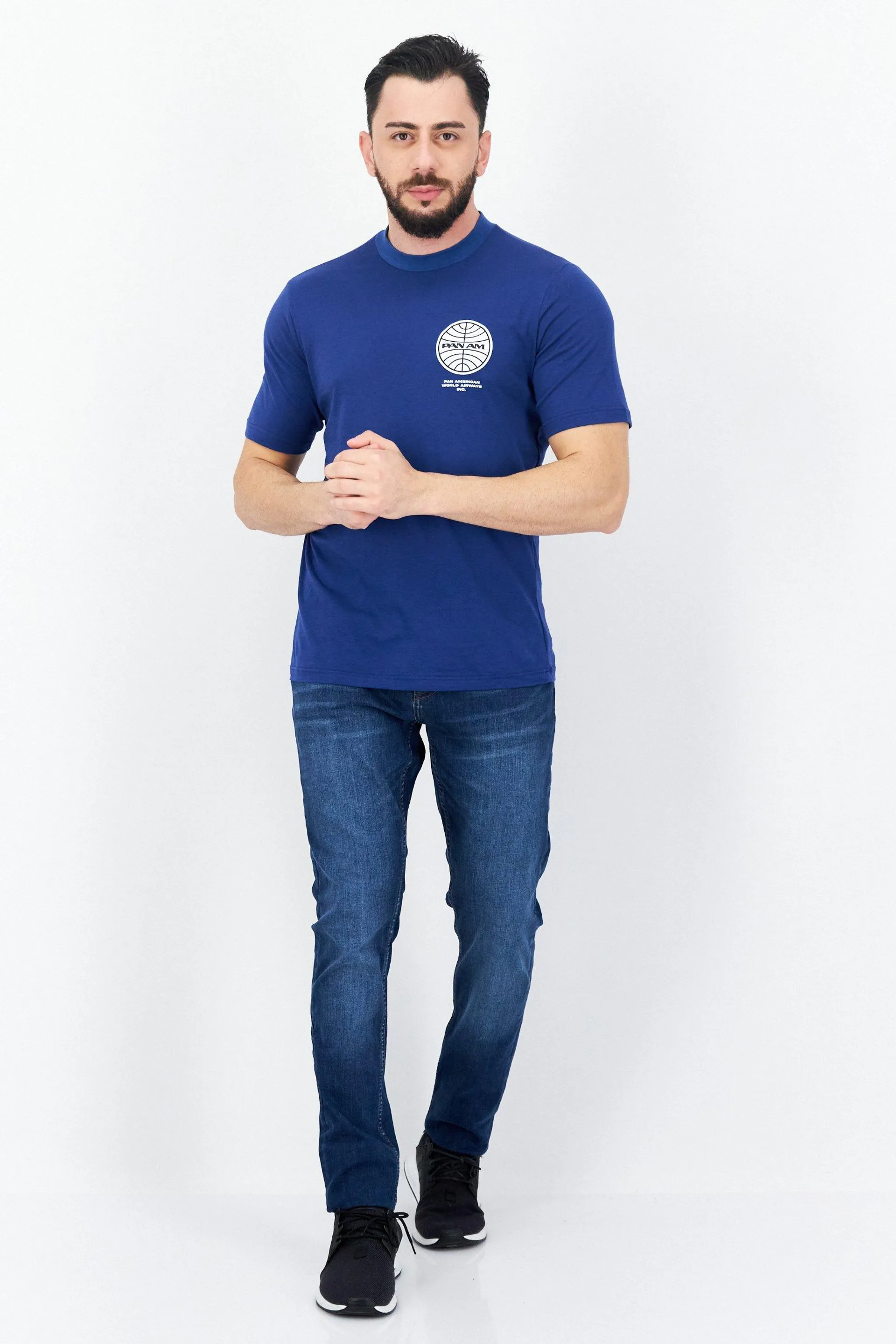 Men Crew Neck Short Sleeves Brand Logo T-Shirt, Blue