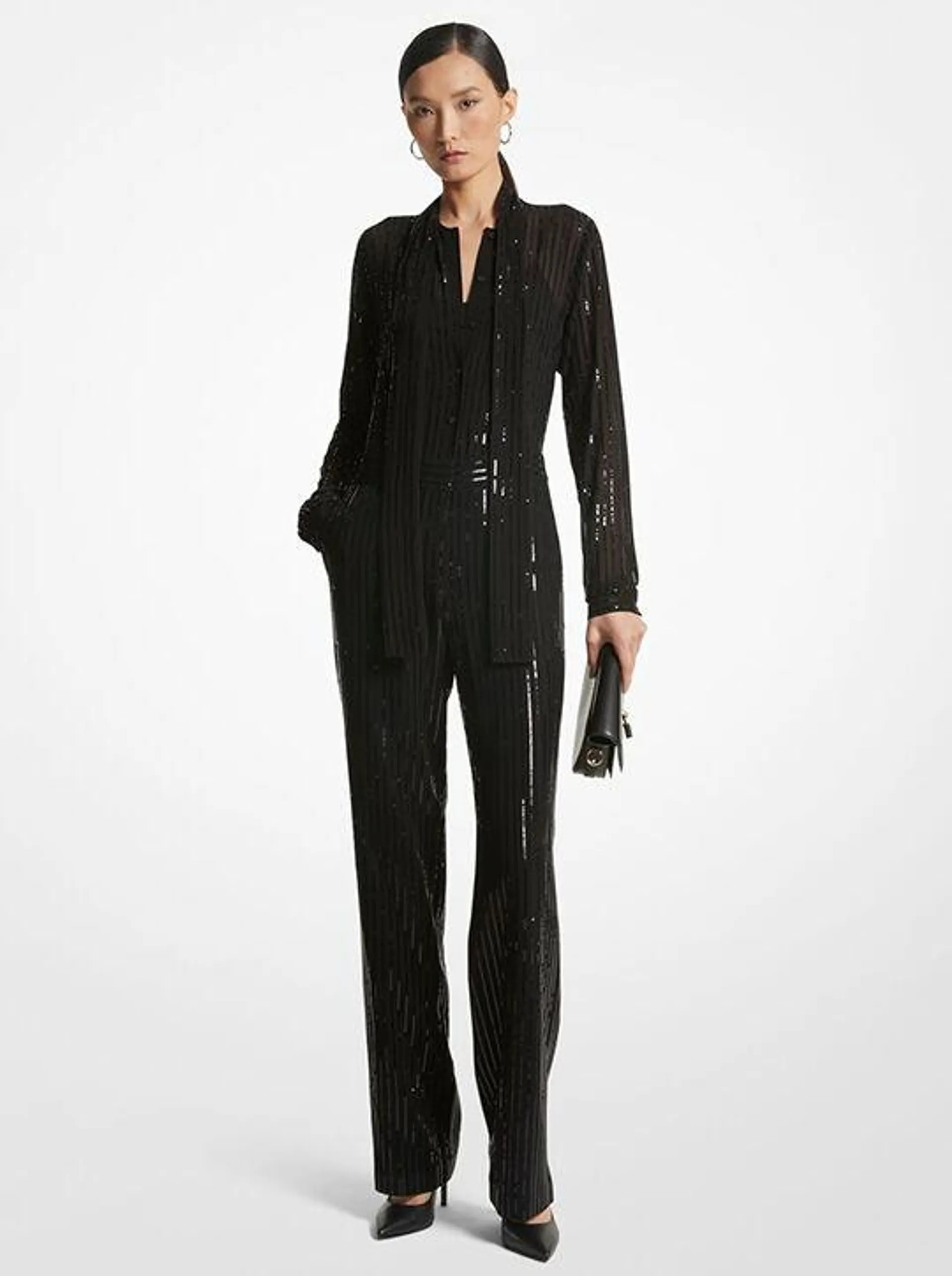 Pinstripe Sequined Georgette Jumpsuit