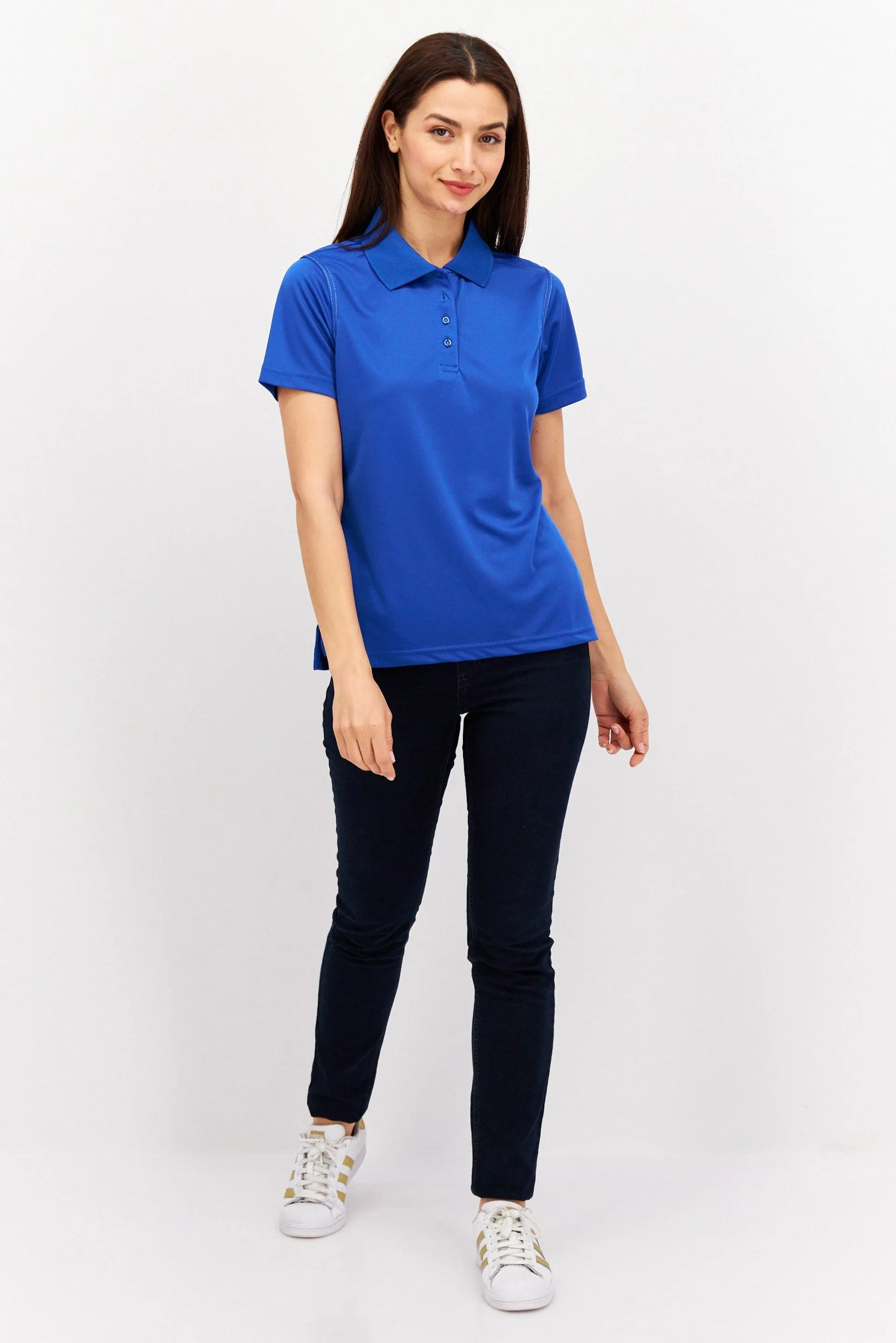 Women Regular Fit Solid Short Sleeve Polo Shirt, Blue