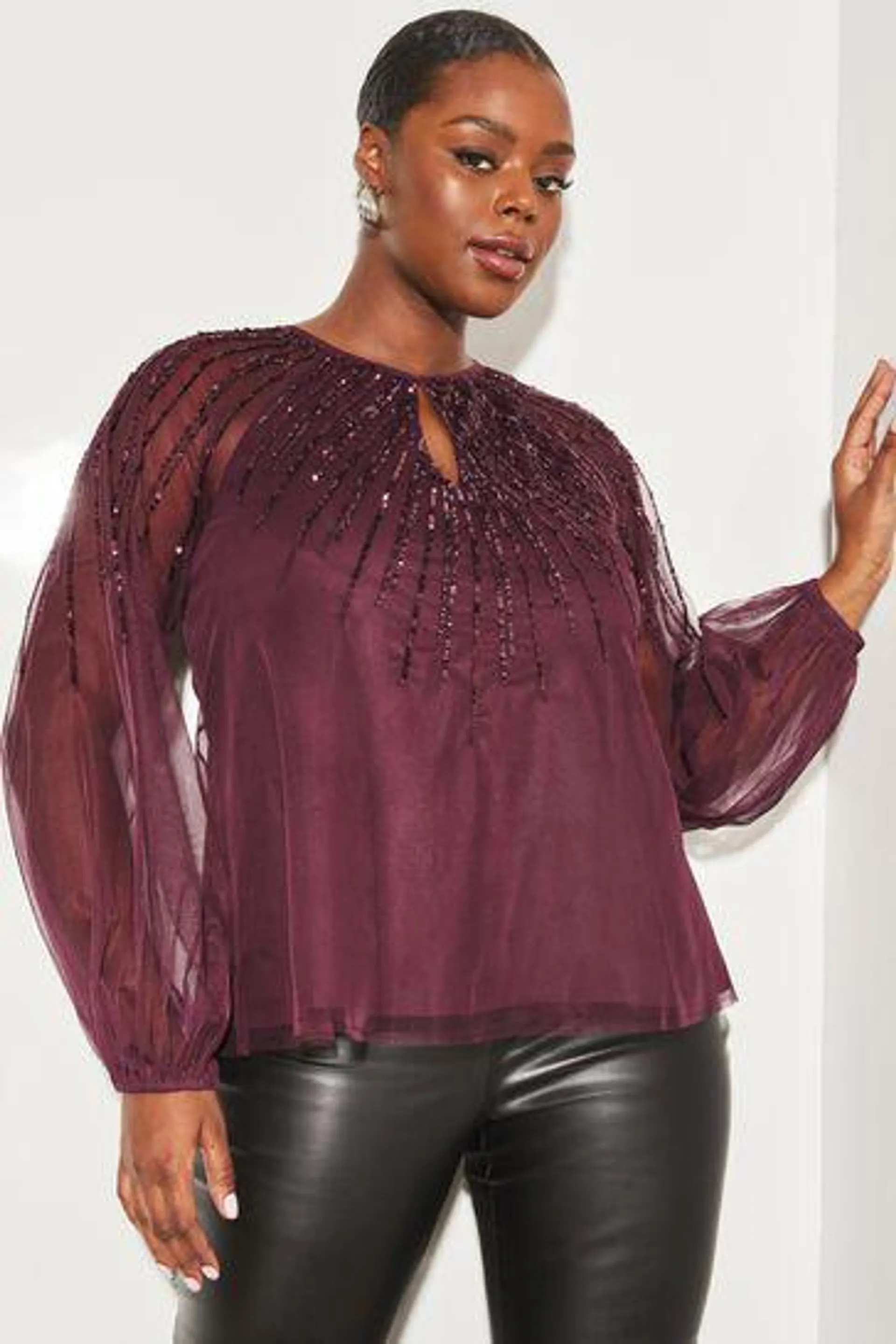 Lipsy Long Sleeve Keyhole Sequin Detail Top