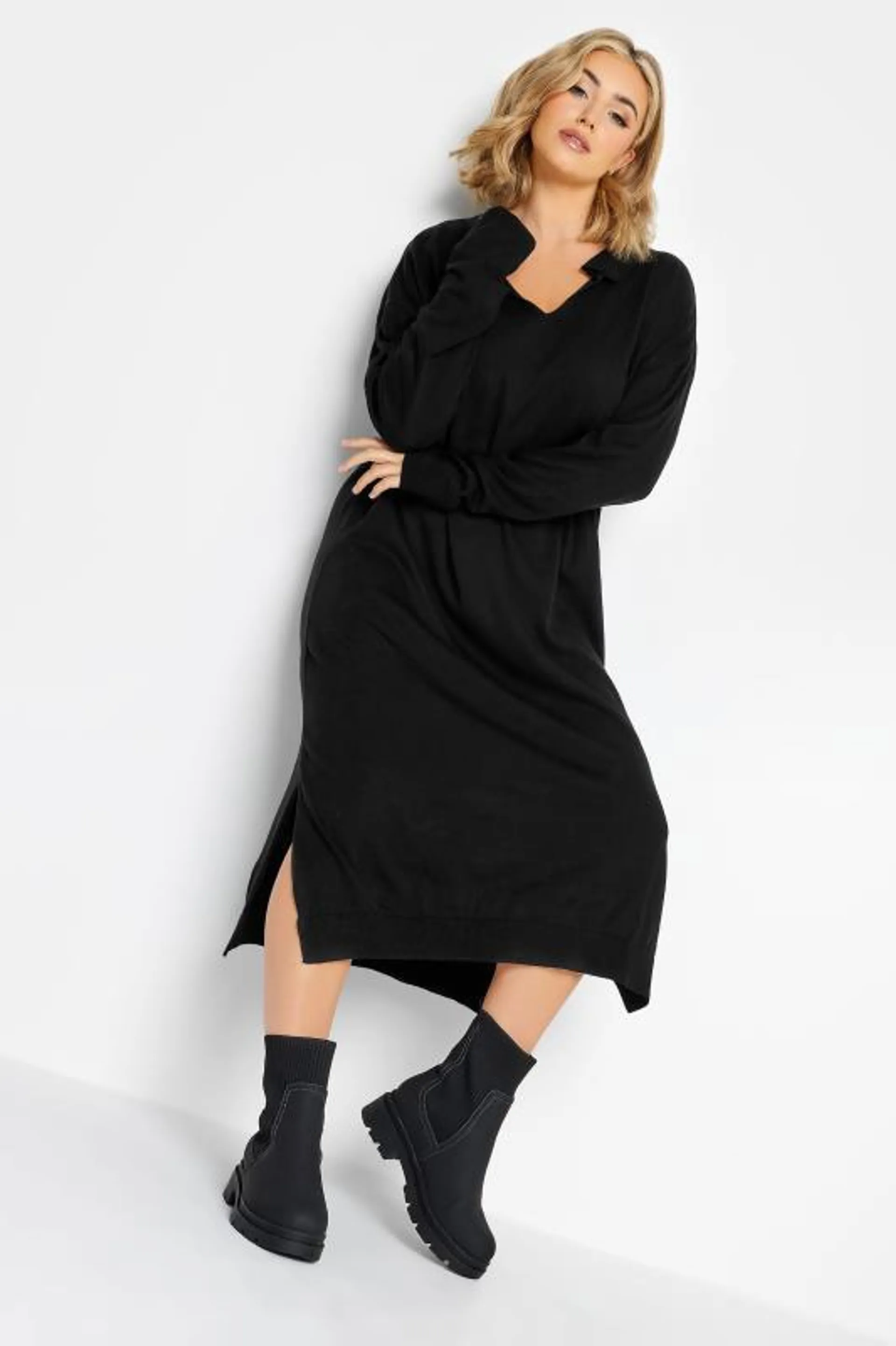 YOURS Curve Black Open Collar Knitted Jumper Dress