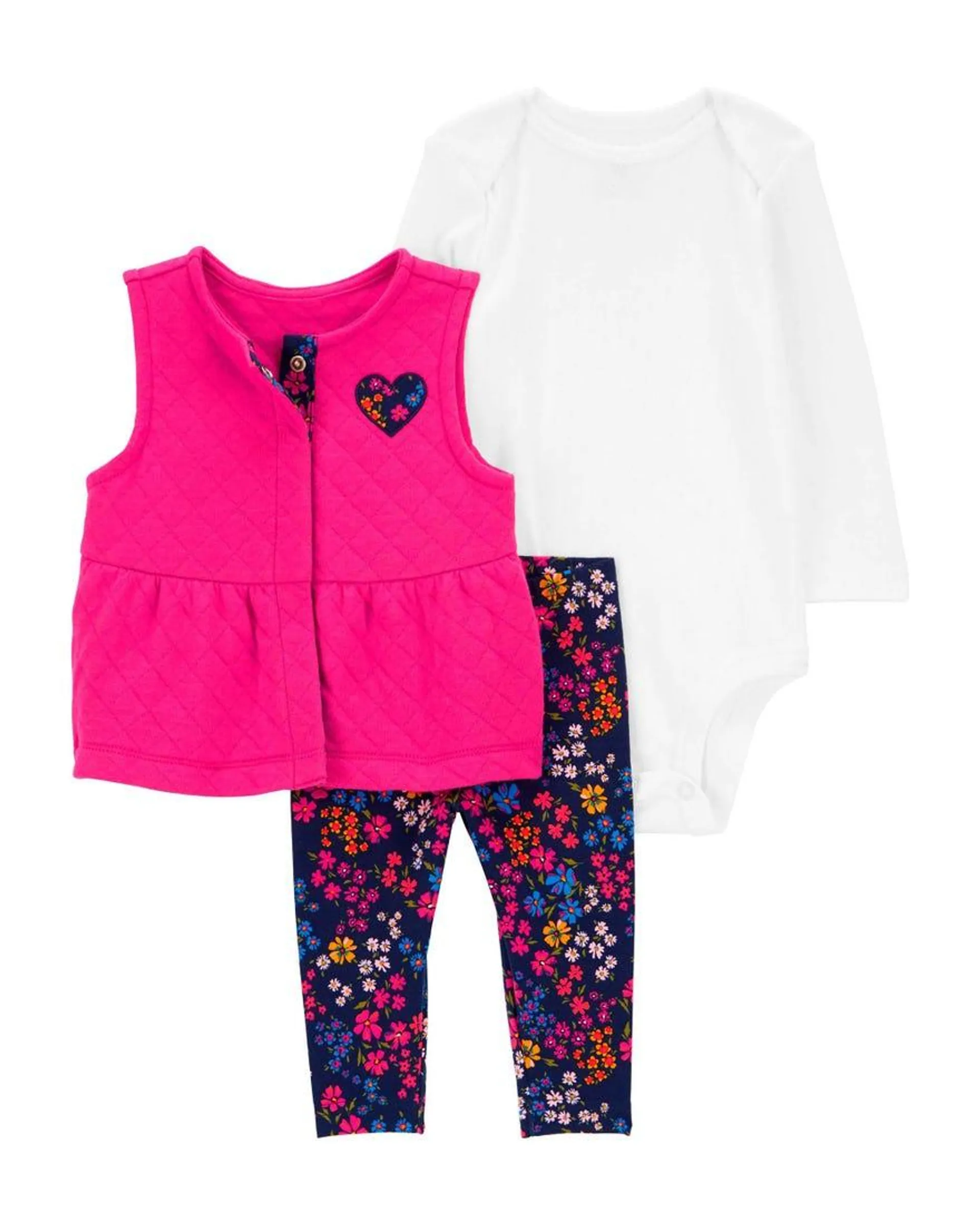 3-Piece Floral and Heart Vest Set - Pink