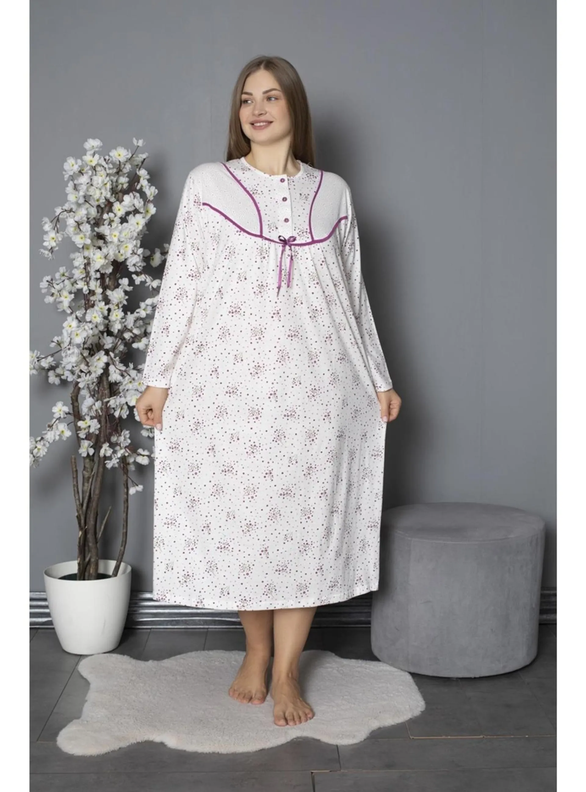 Maroon - Multi - Button Collar - Nightdress